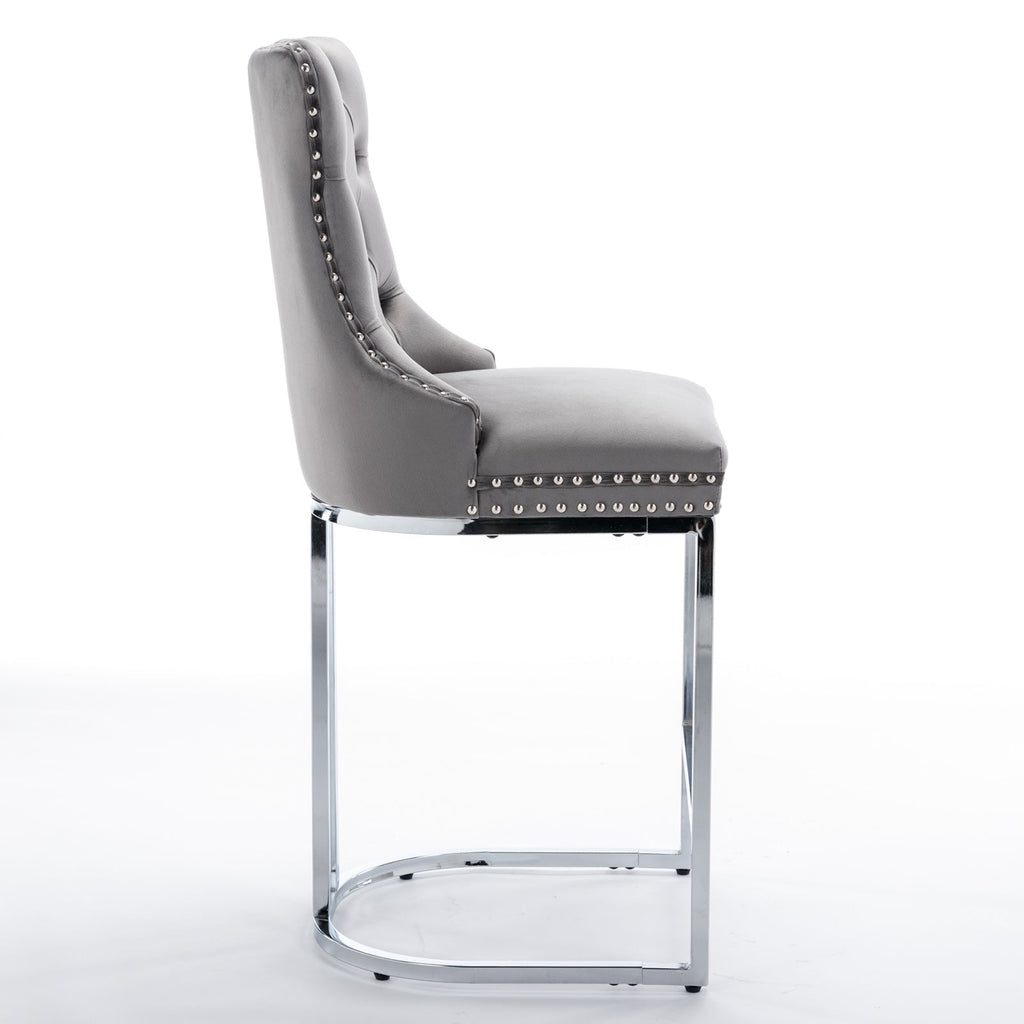 Luxury Elegant Nailhead Trim Tufted Velvet Bar Stools (Set of 2)