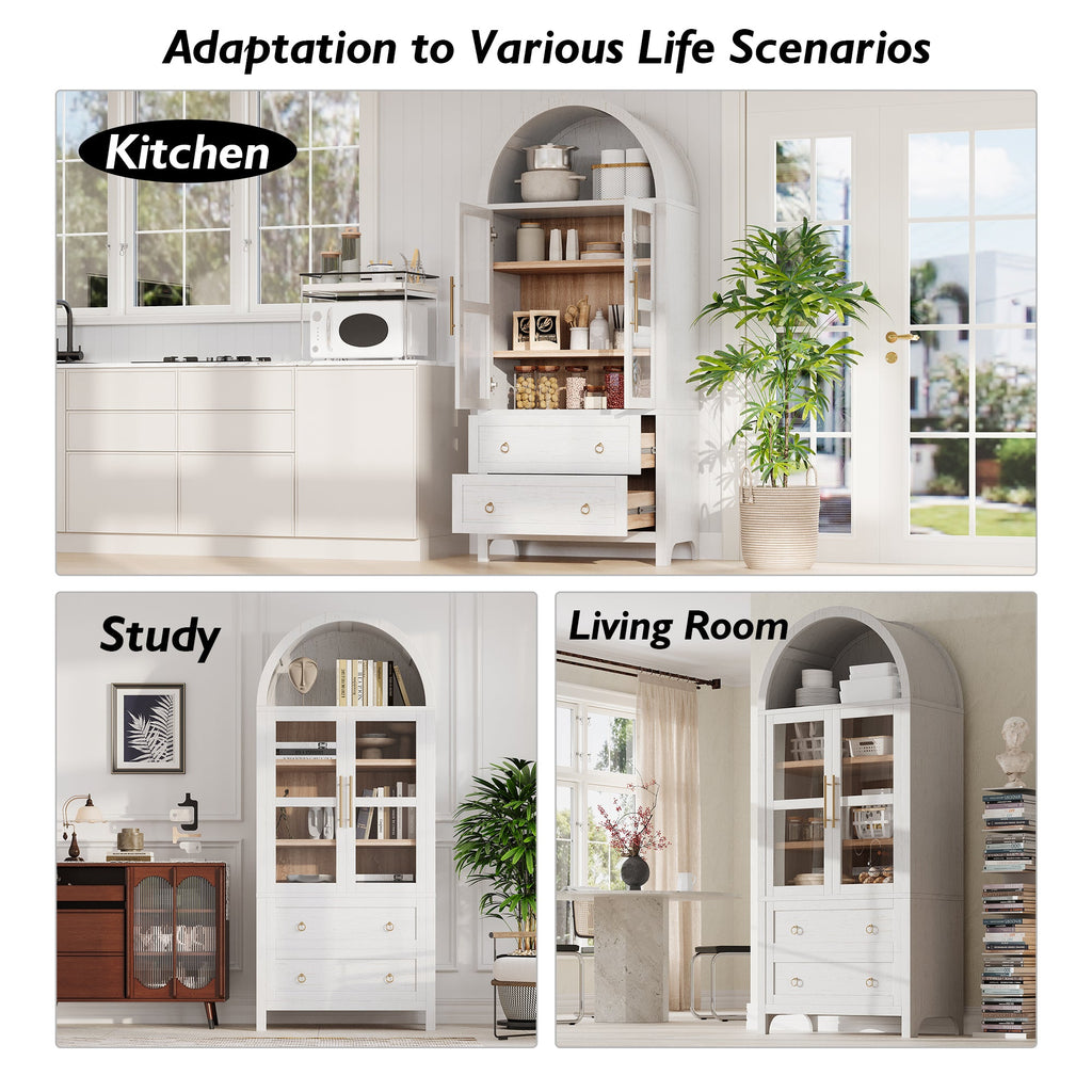 71” Tall Arched Modern Farmhouse Kitchen Pantry Cabinet with 2 Large Drawers