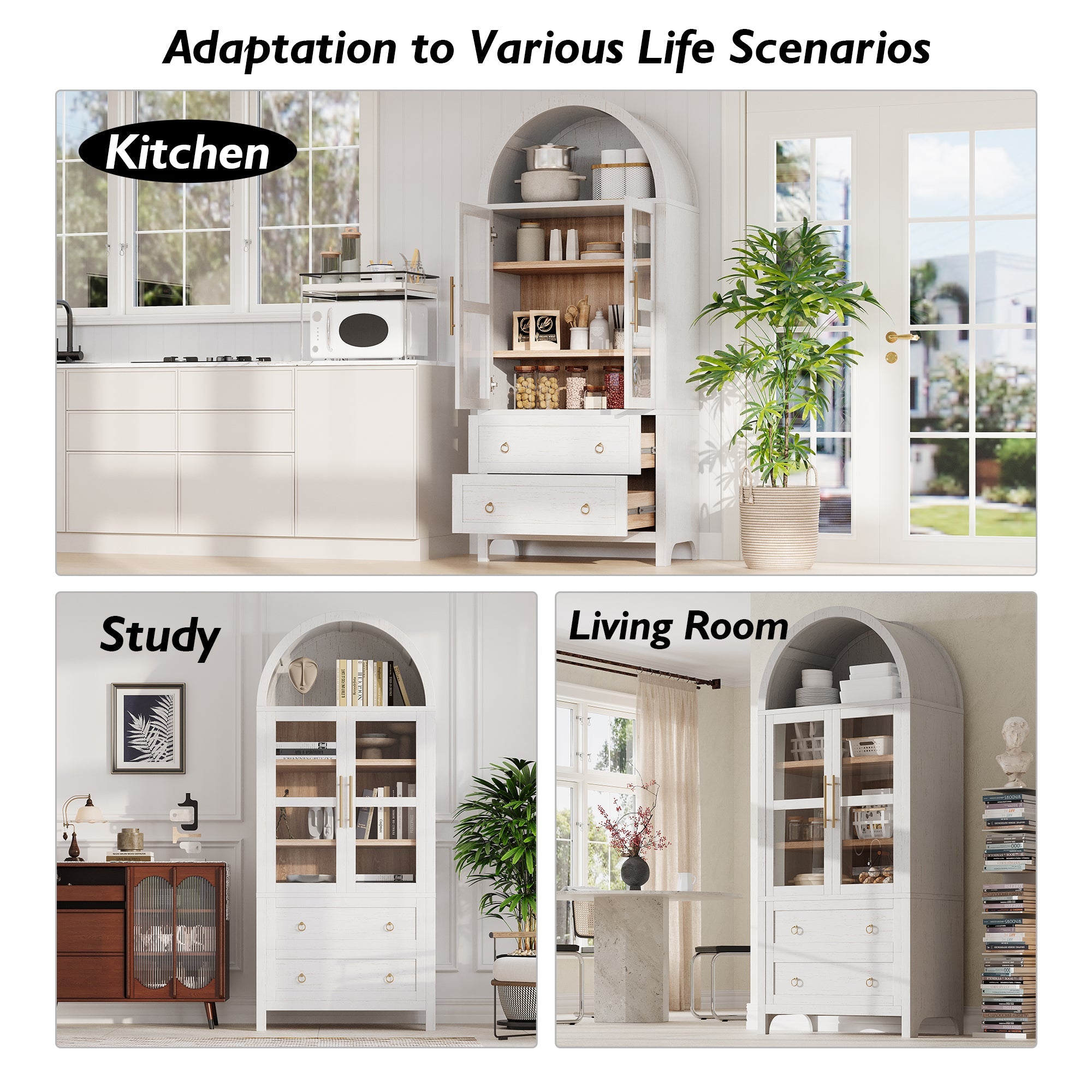 71” Tall Arched Modern Farmhouse Kitchen Pantry Cabinet with 2 Large Drawers
