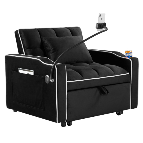 Velvet Foldable Sofa Bed Adjustable Back with USB, Ashtray & Phone Stand