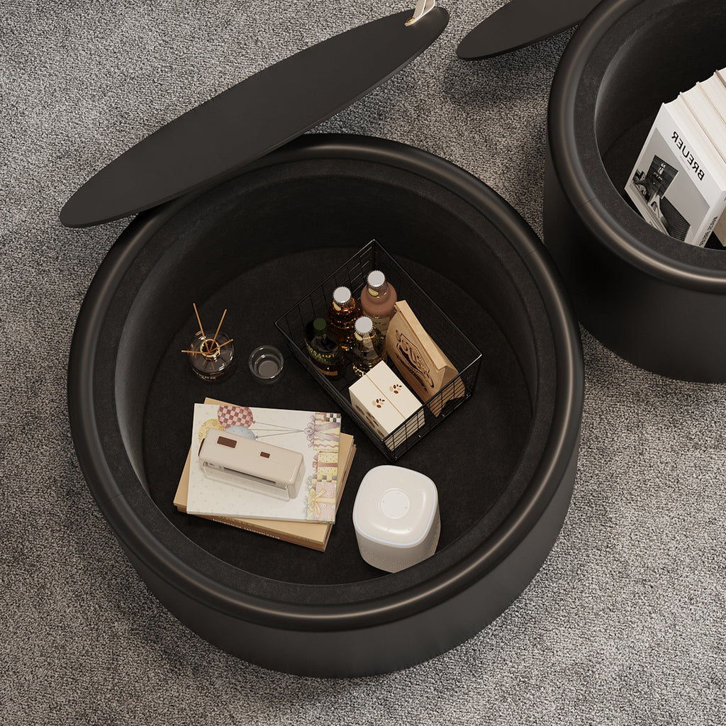 28“  PU Leather Round Coffee Table with Tempered Glass Top