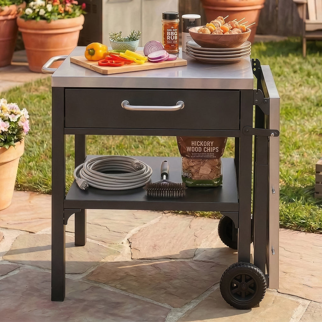 Foldable BBQ cart with storage, portable for backyard & patio cooking