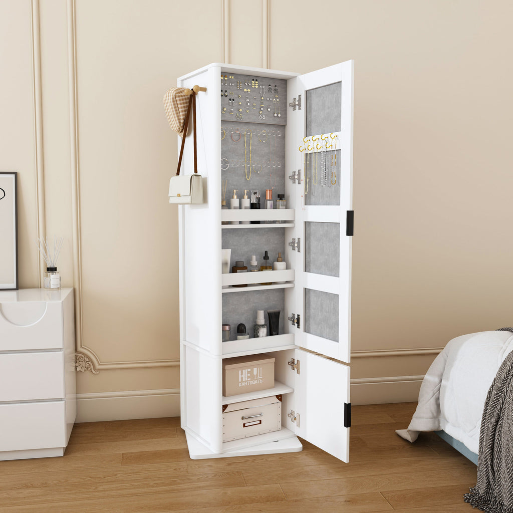360° Rotating Makeup Cabinet with Full-Length Mirror and Jewelry Storage