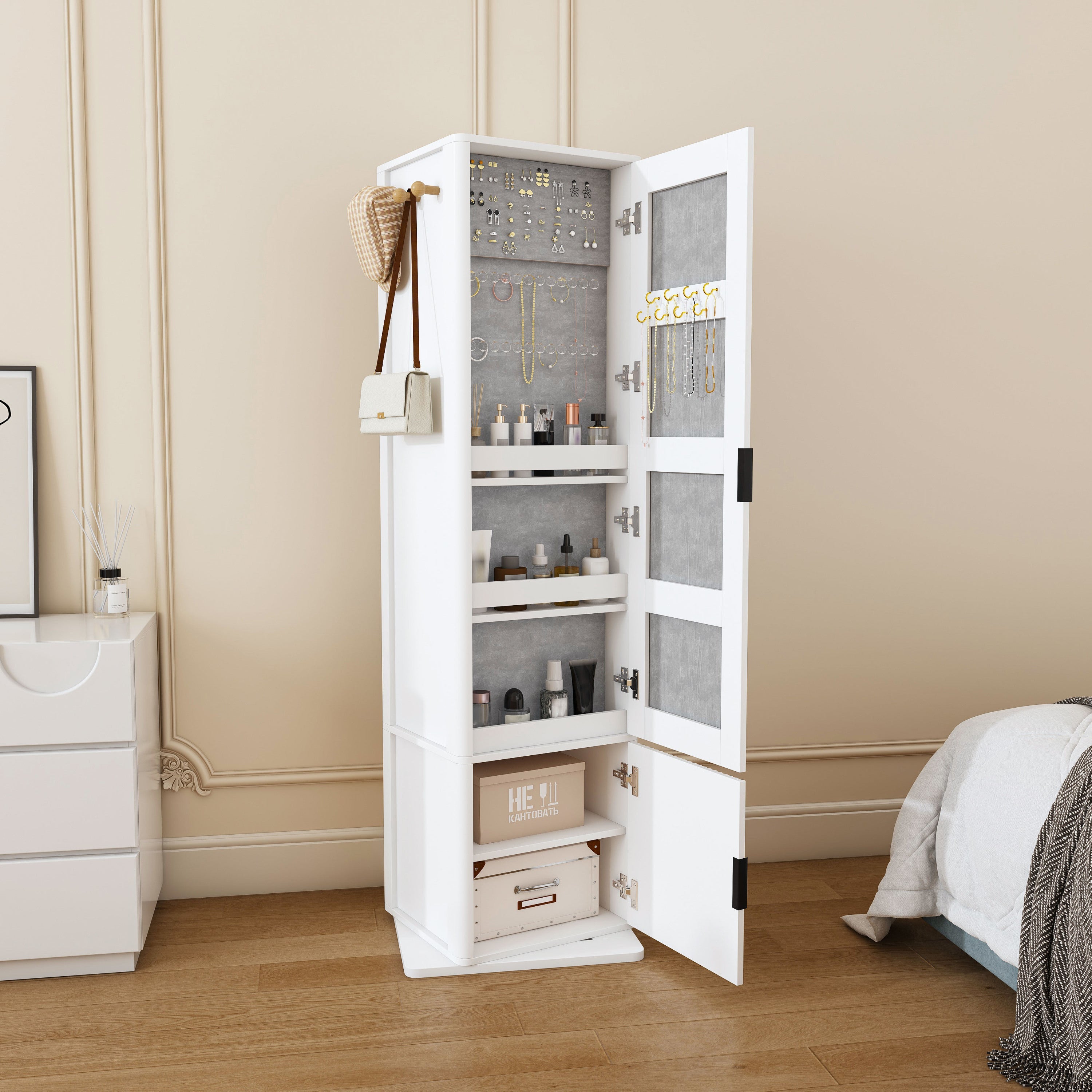 360° Rotating Makeup Cabinet with Full-Length Mirror and Jewelry Storage