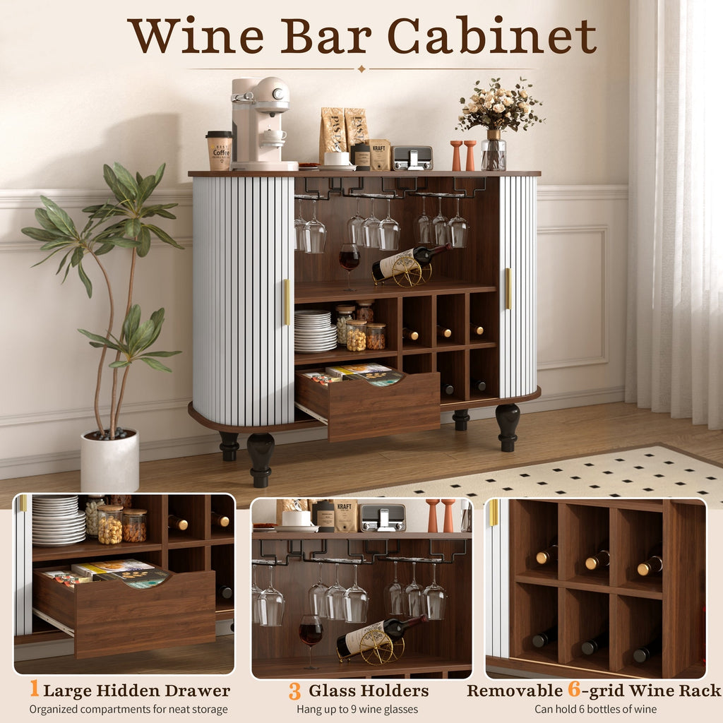 39" Fluted Liquor and Coffee Bar Cabinet with Wine Racks Glass Holders Storage
