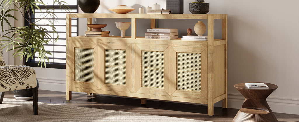 Bohemian Style Rattan Storage Cabinet with 3-position Adjustable Shelves