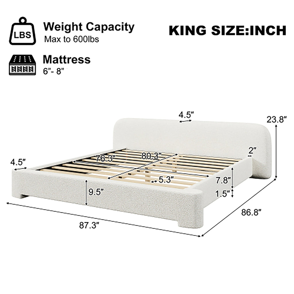 Cozy White Bouclé Upholstered Wood Bed