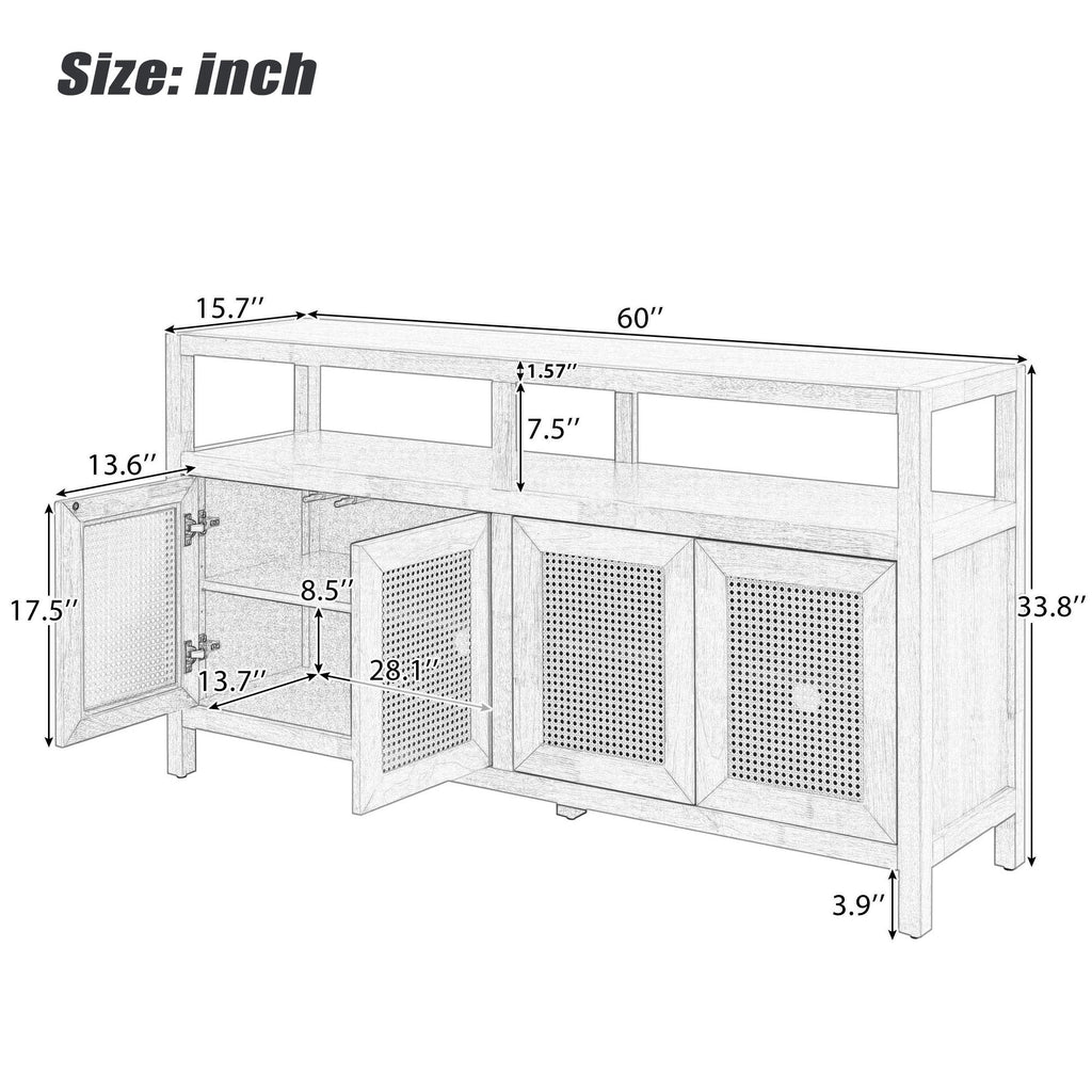 Bohemian Style Rattan Storage Cabinet with 3-position Adjustable Shelves