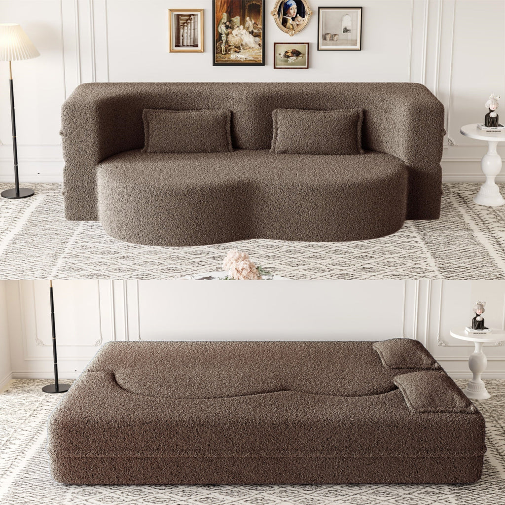 Modern Convertible Teddy Fabric Sofa with 2 Pillows