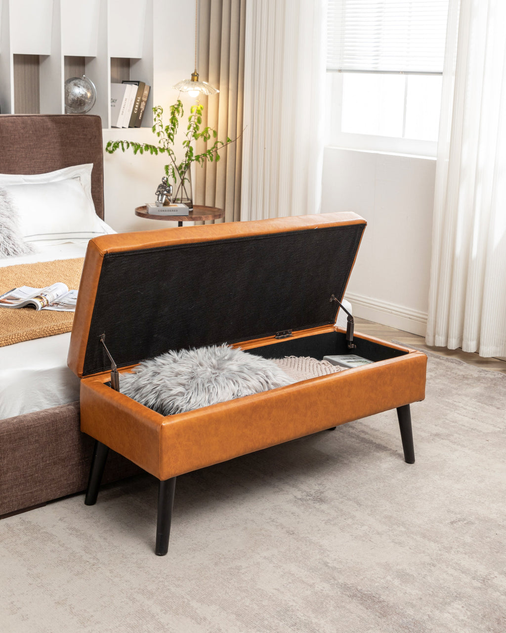 Brown PU Leather Storage Bench