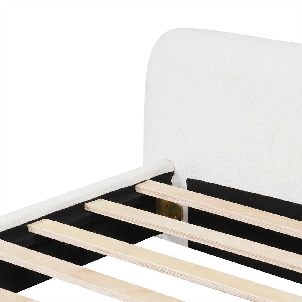 Cozy White Bouclé Upholstered Wood Bed