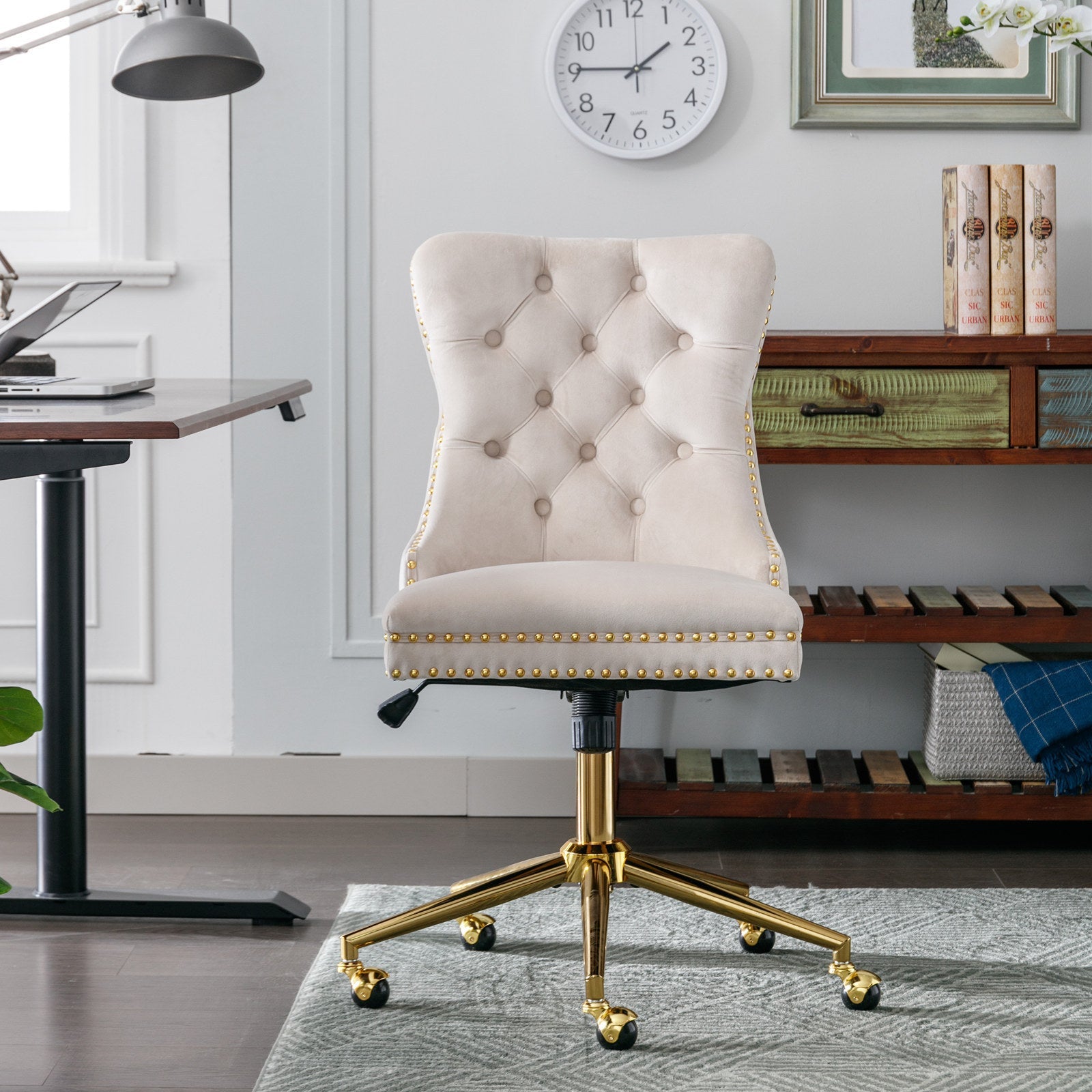 Adjustable Velvet Upholstered Tufted Button Home Office Chair
