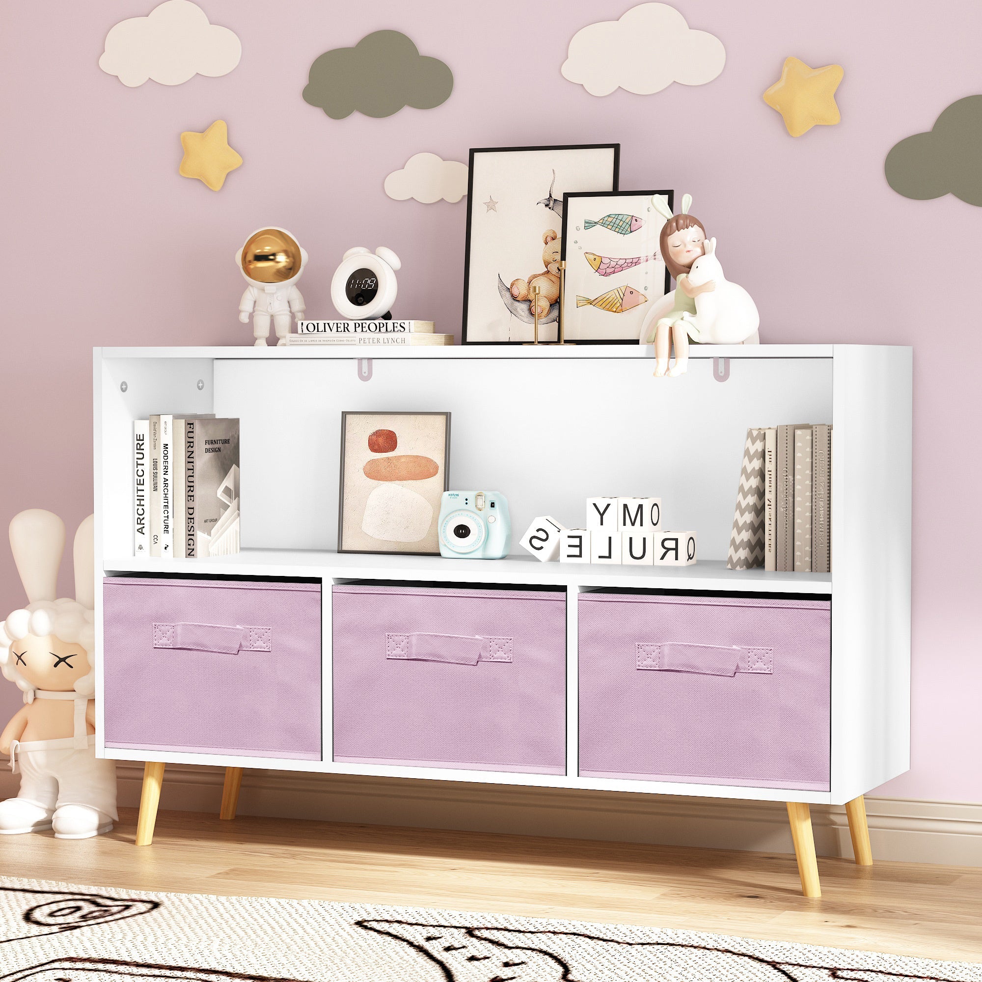 Children's Book Display Kids Bookcase with 3 Fabric Bins