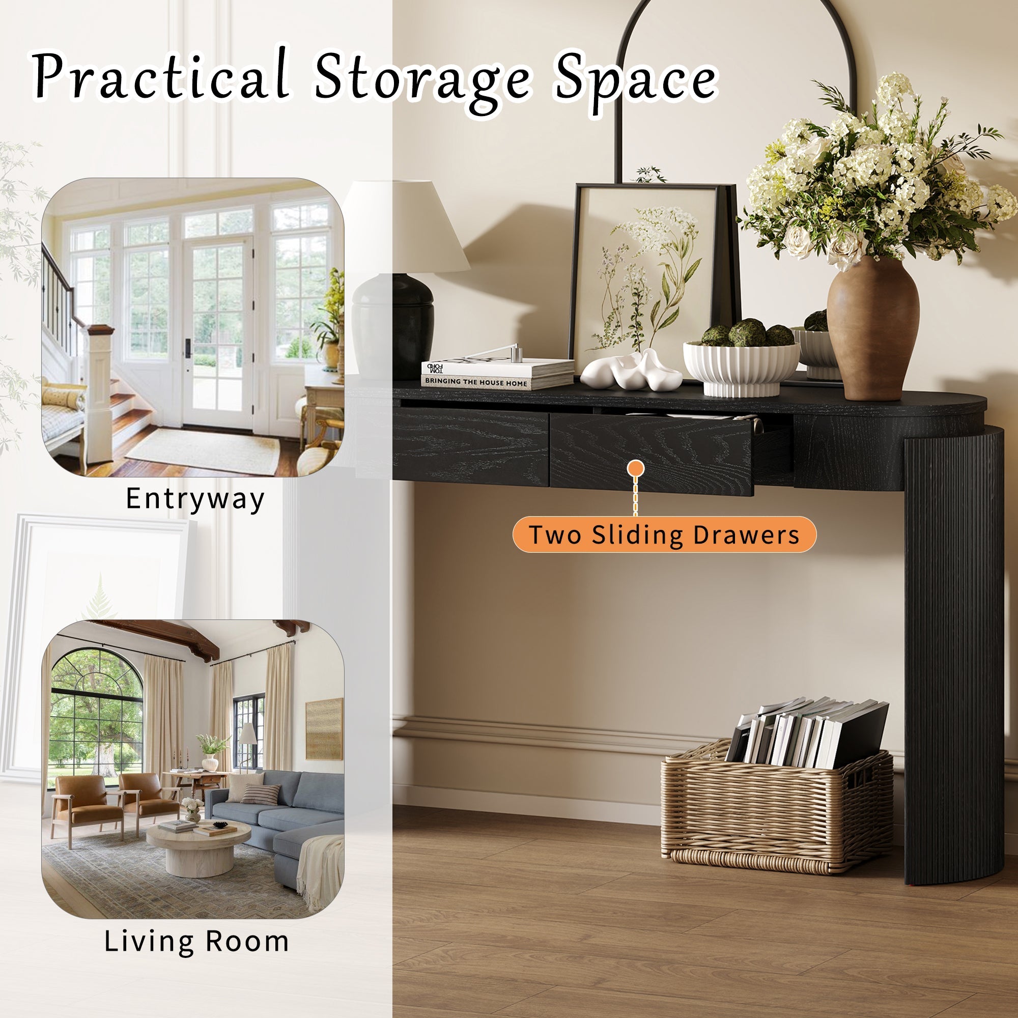 Entryway Console Table with Fluted Legs & Storage Drawers