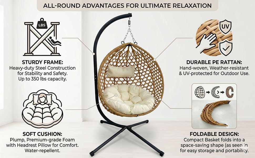 Folding PE Rattan Hanging Egg Chair with Aluminum Steel Frame