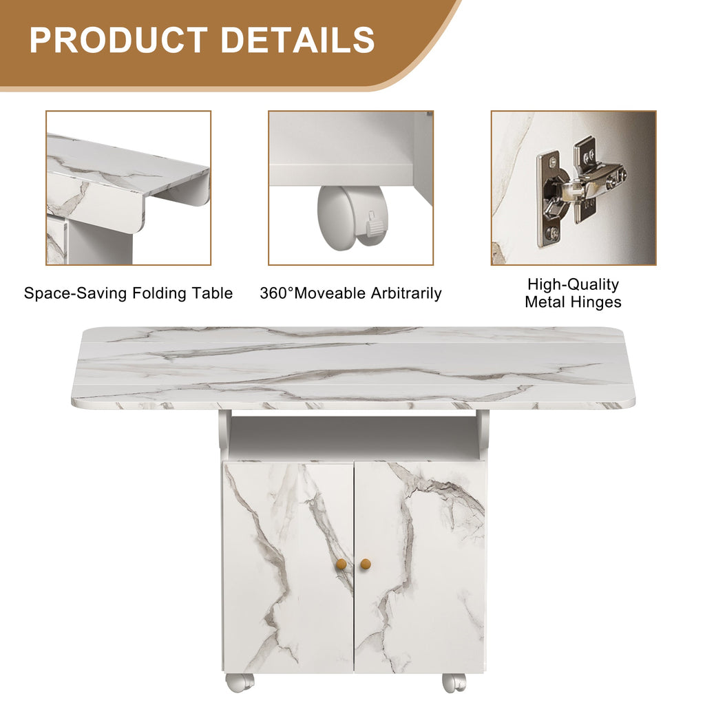 Versatile 47' White Marble MDF Folding Dining Table with Storage Rack and Cabinet