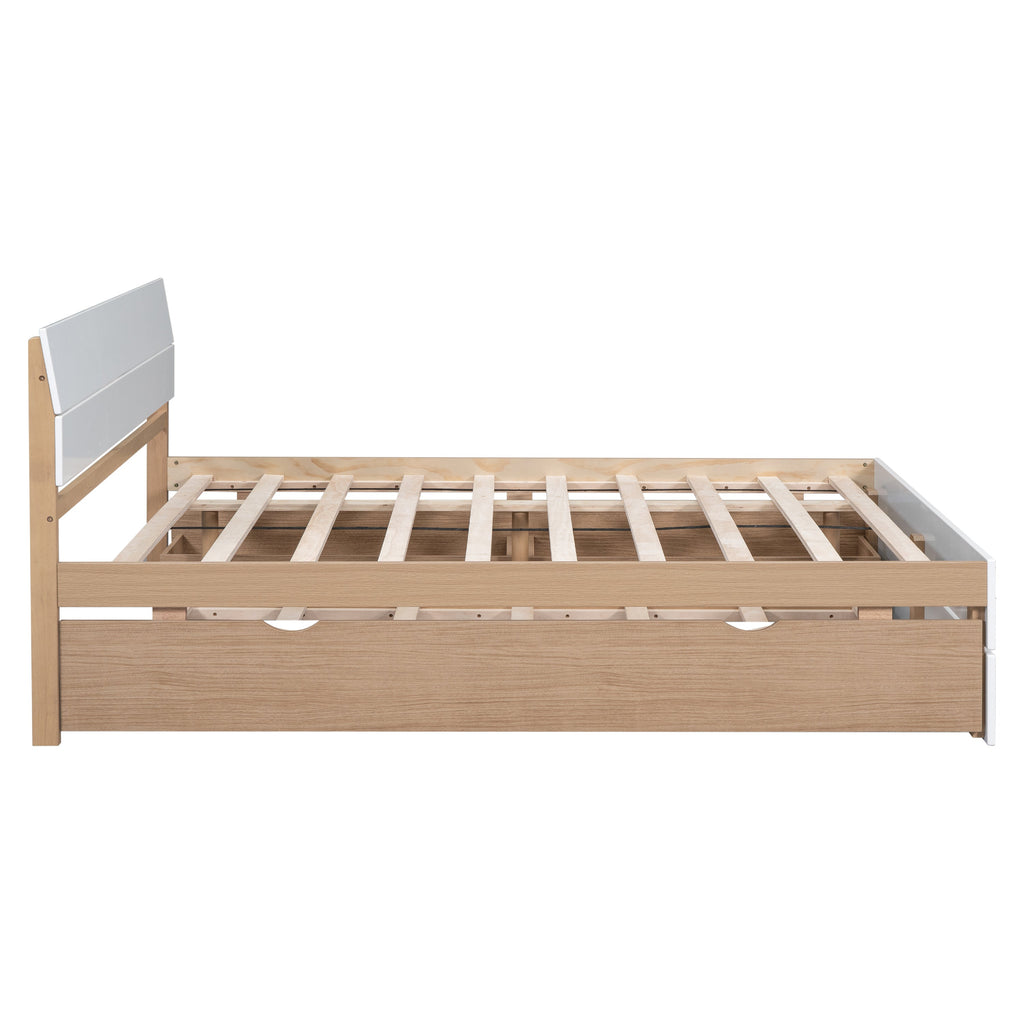 Modern Full Size Bed Frame with Twin Size Trundle and 2 Drawers