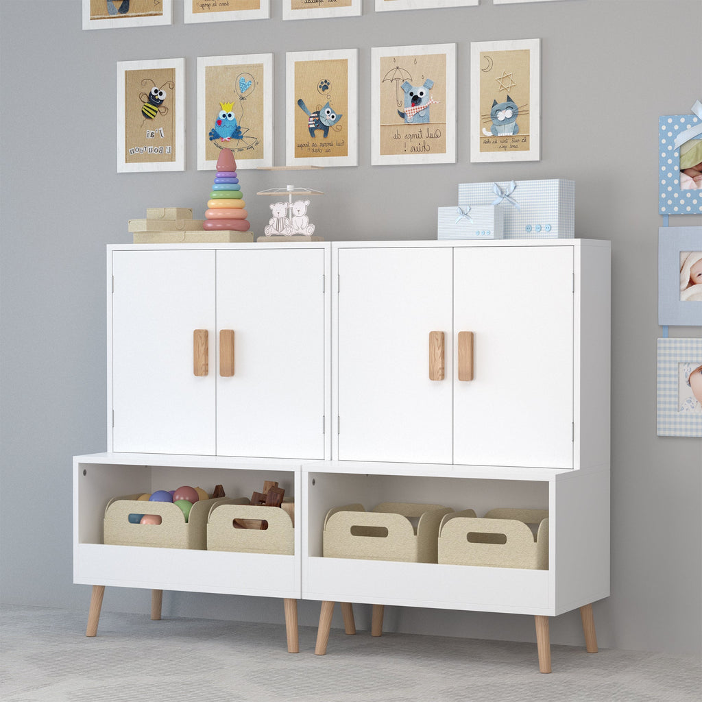White Modern Wooden Toy Storage Cabinet with Natural Wood Legs