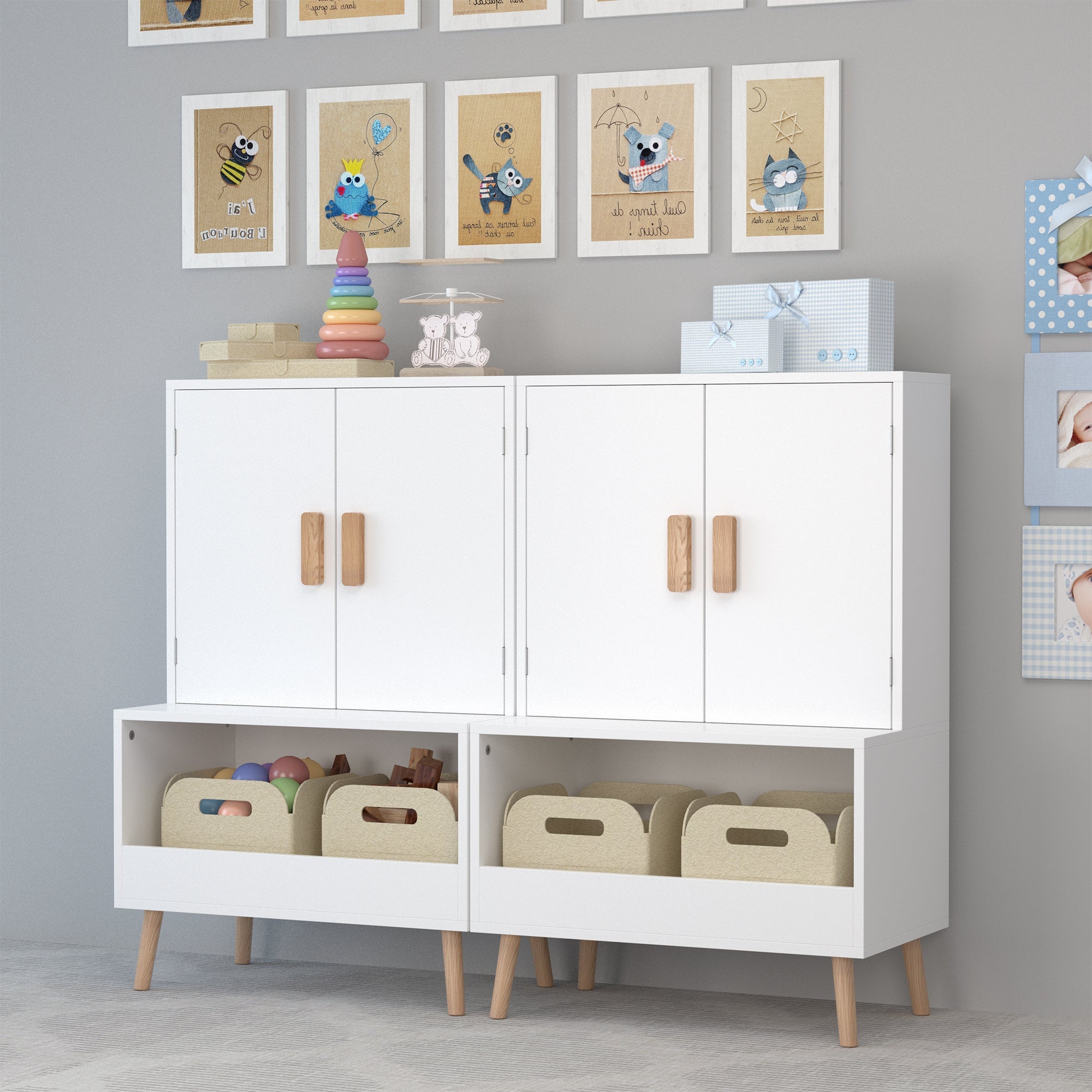 White Modern Wooden Toy Storage Cabinet with Natural Wood Legs