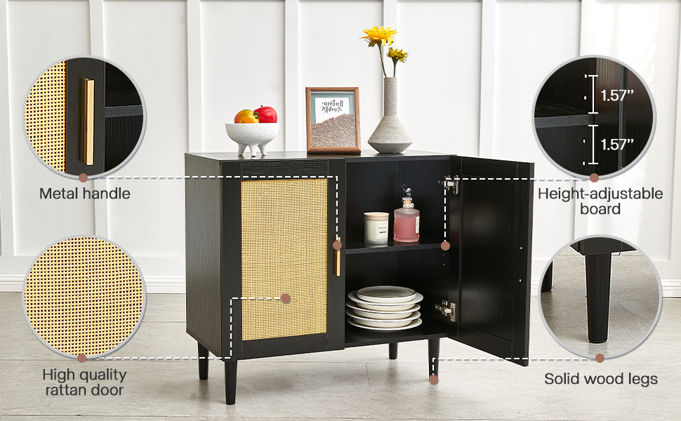 Side Panel Buffet Cabinet with Natural Rattan Door