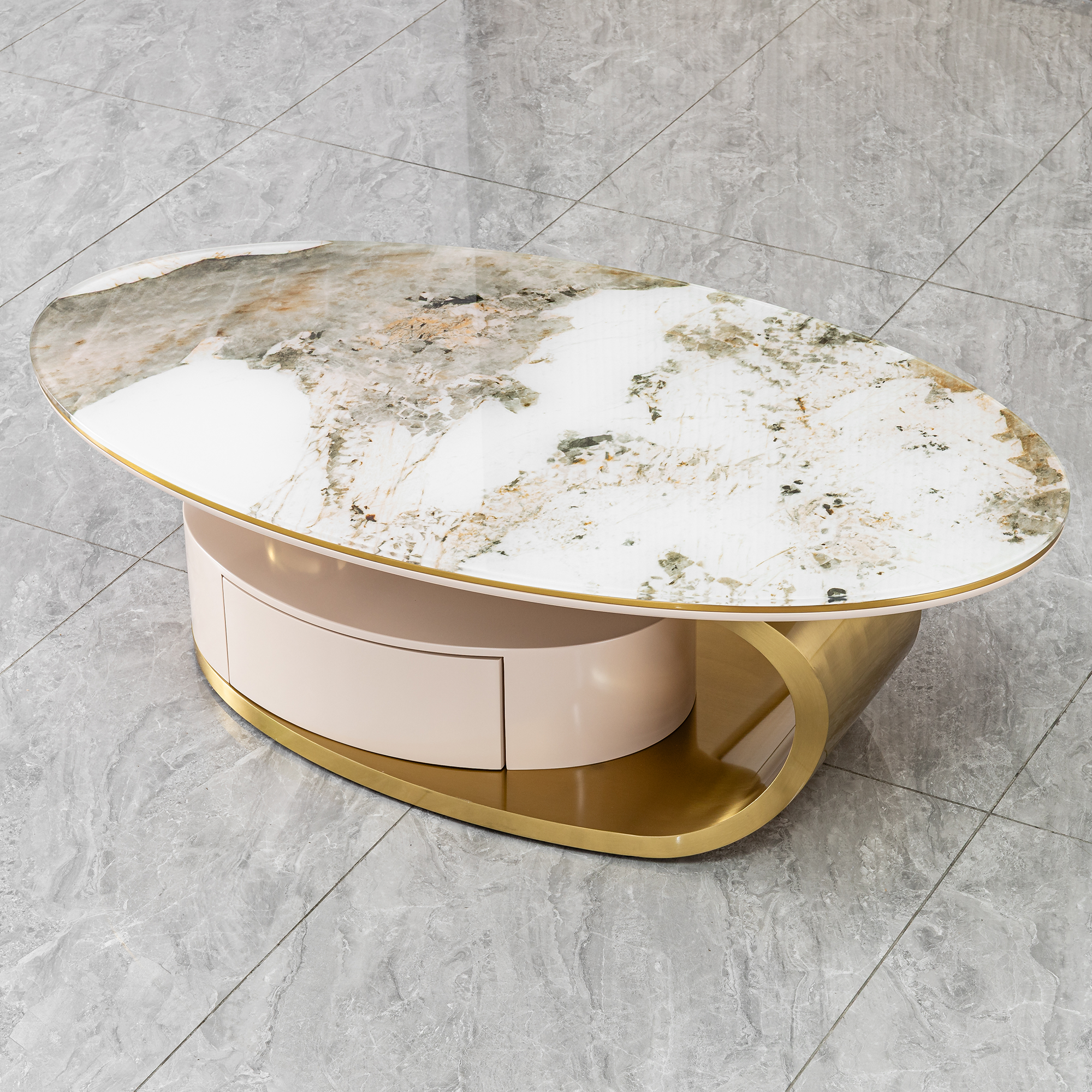 51.18' Luxury Oval Coffee Table with Print Glass Top