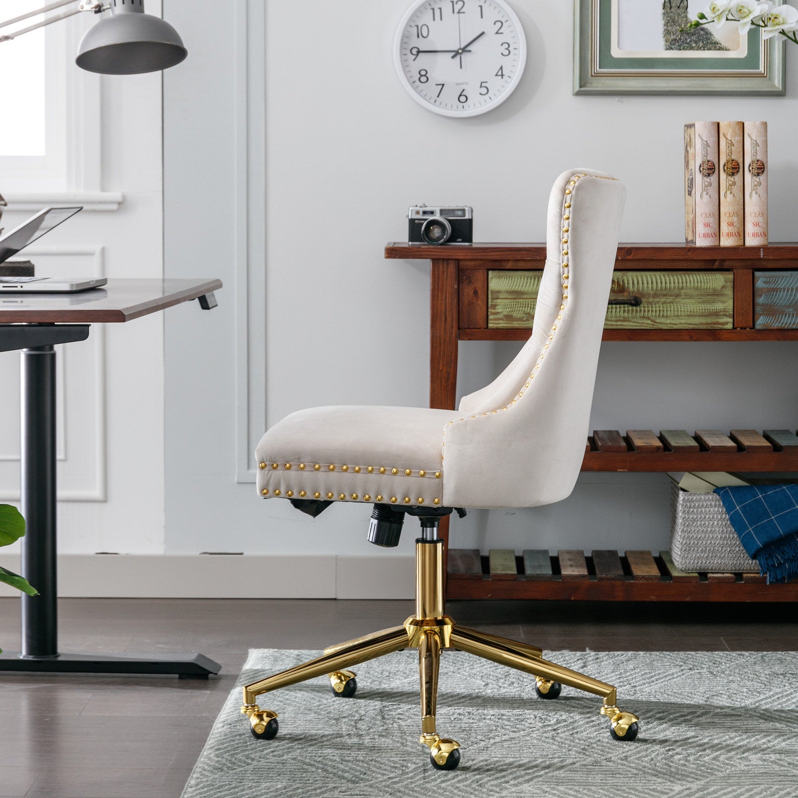 Adjustable Velvet Upholstered Tufted Button Home Office Chair