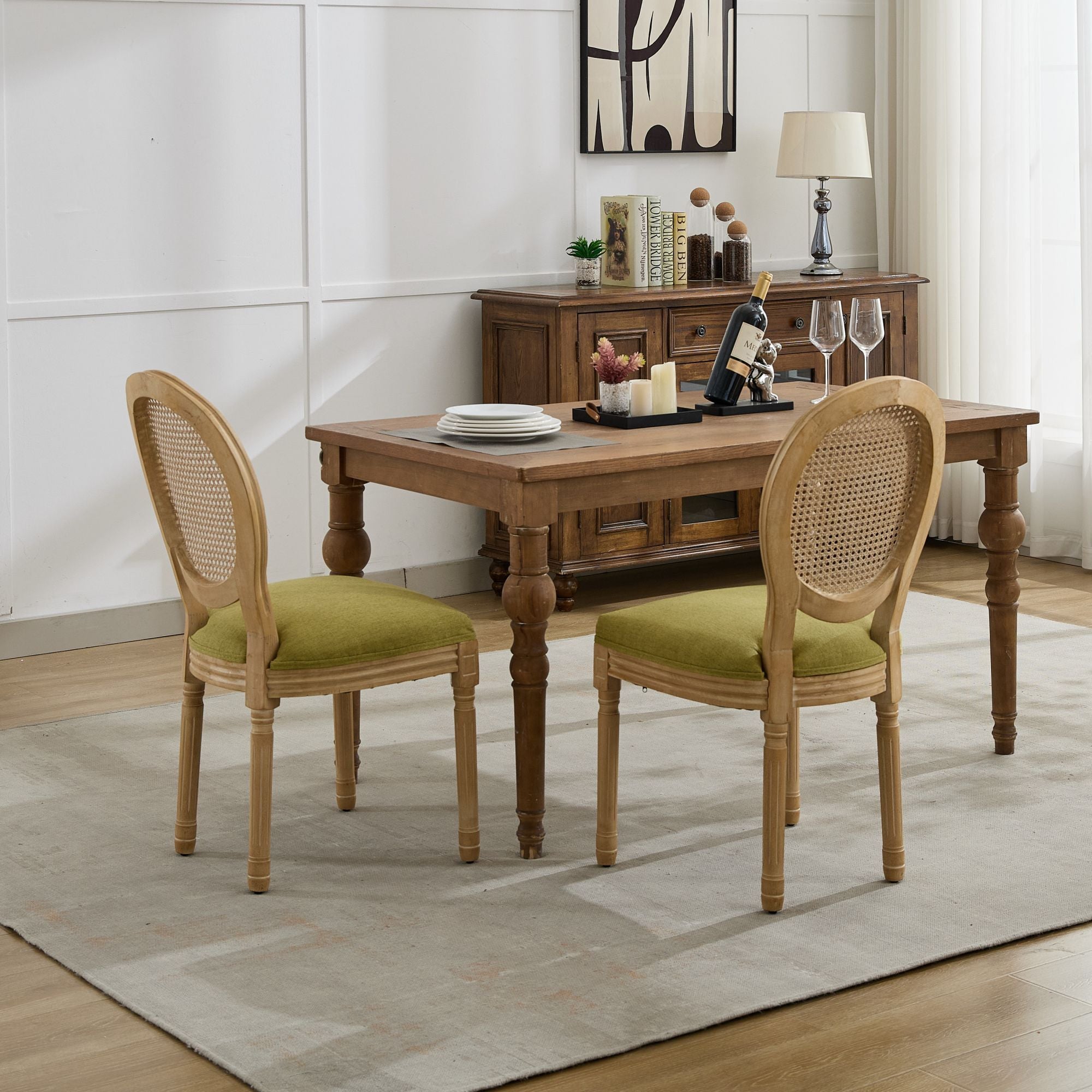 French Style Solid Wood Frame Linen Fabric Dining Chair (Set of 2)