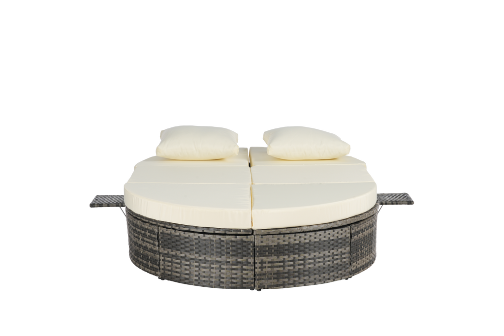 Round outdoor patio daybed with adjustable backrests foldable cup trays and cushioned wicker design ideal for backyard and poolside lounging