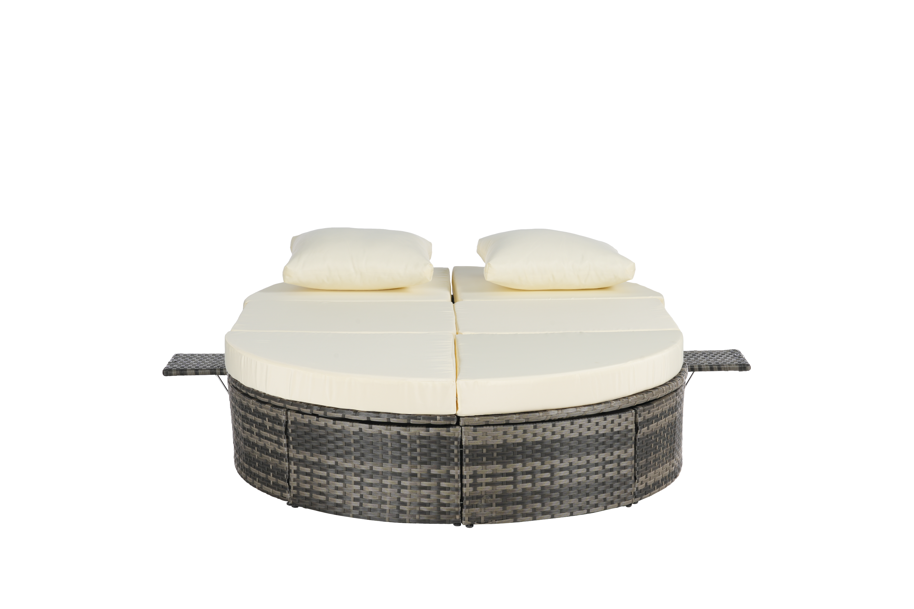 Round outdoor patio daybed with adjustable backrests foldable cup trays and cushioned wicker design ideal for backyard and poolside lounging