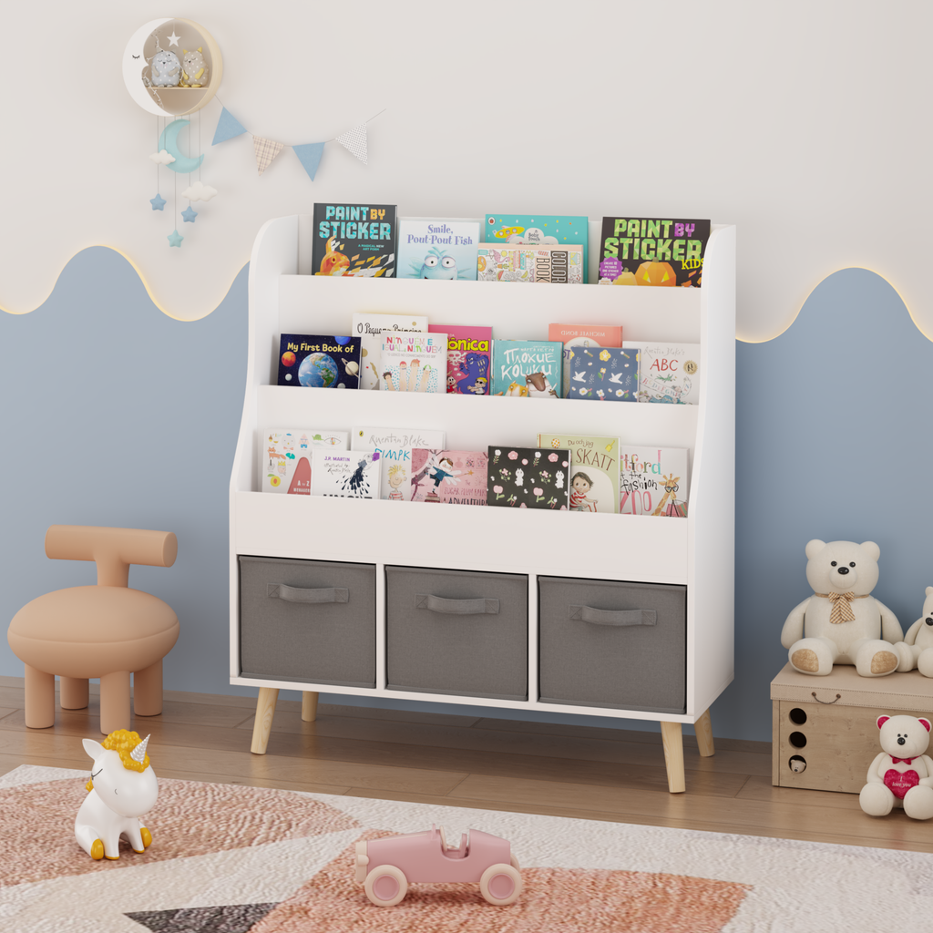 Kids Bookshelf with 3 Fabric Storage Bins