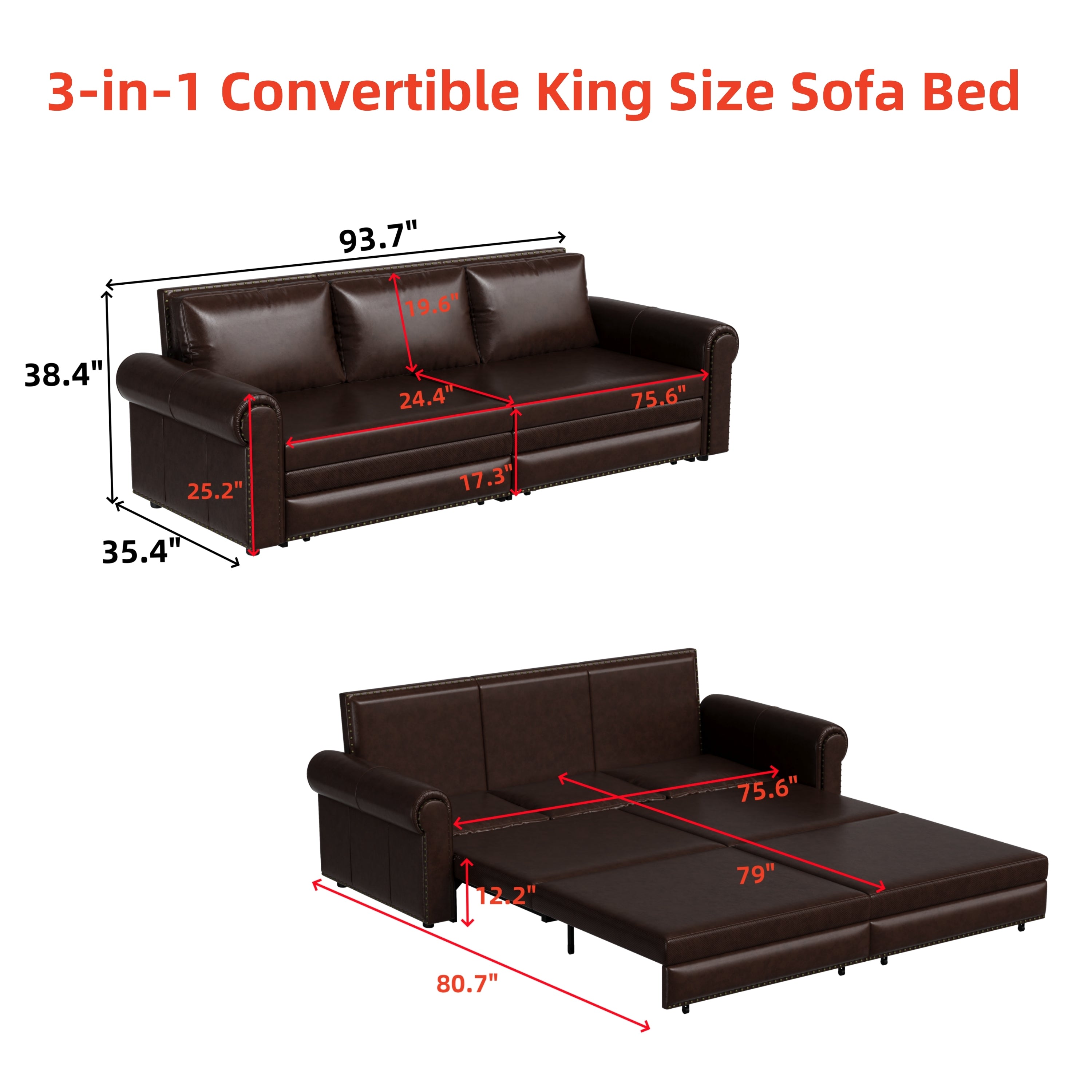 3-in-1 Faux Leather Convertible Sleeper Sofa Bed