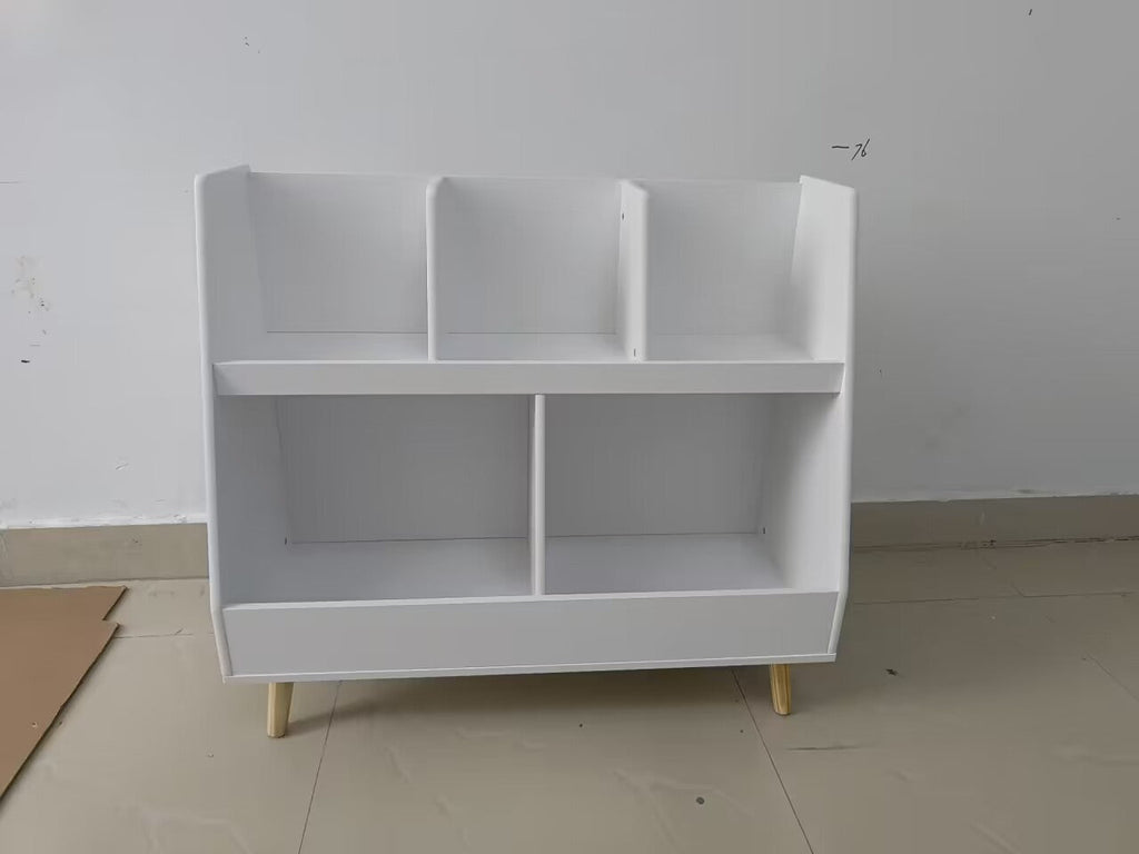 Modern Kids Bookshelf and Toy Organizer with White MDF and Pine Legs