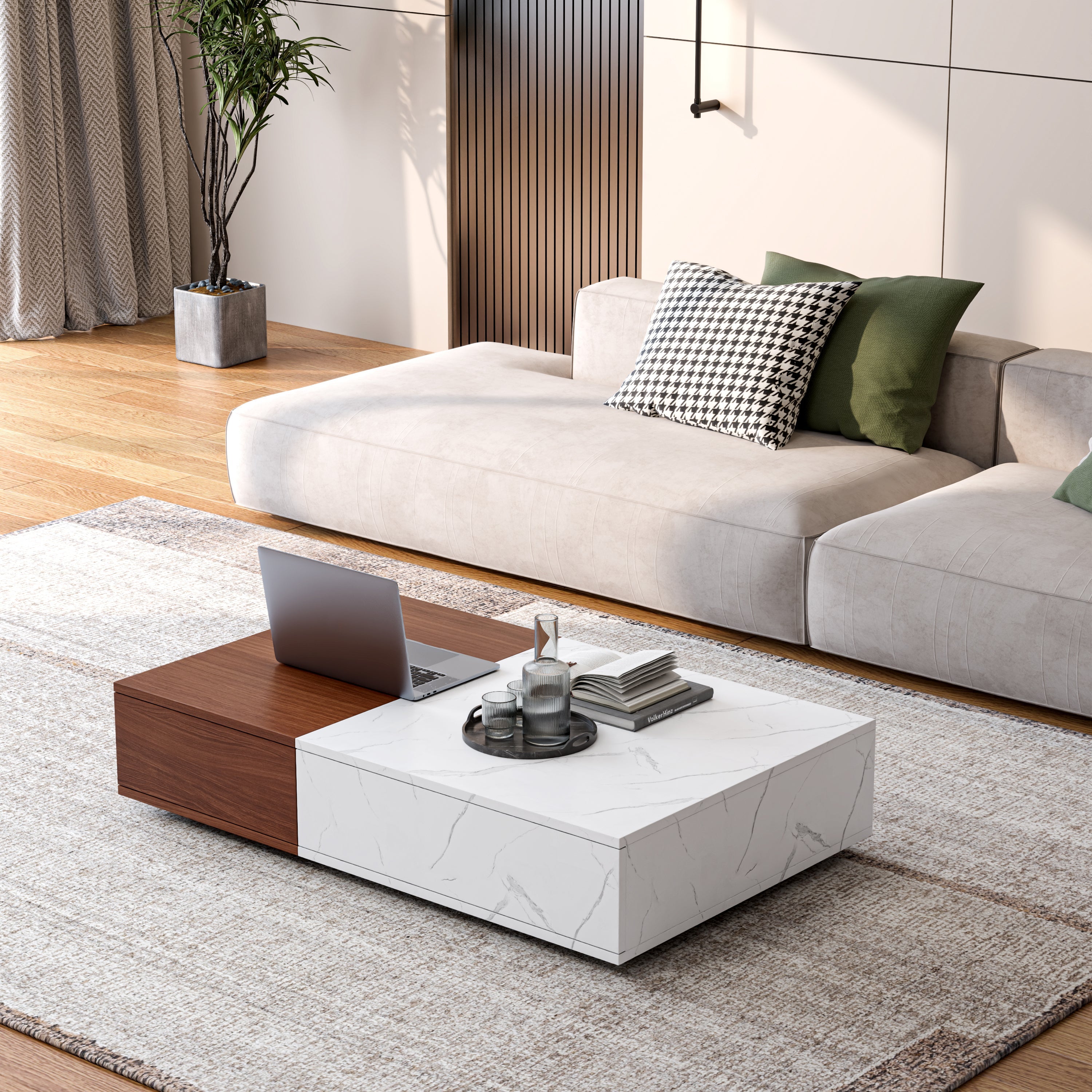 Modern Style Walnut Coffee Table with two Storage Spaces