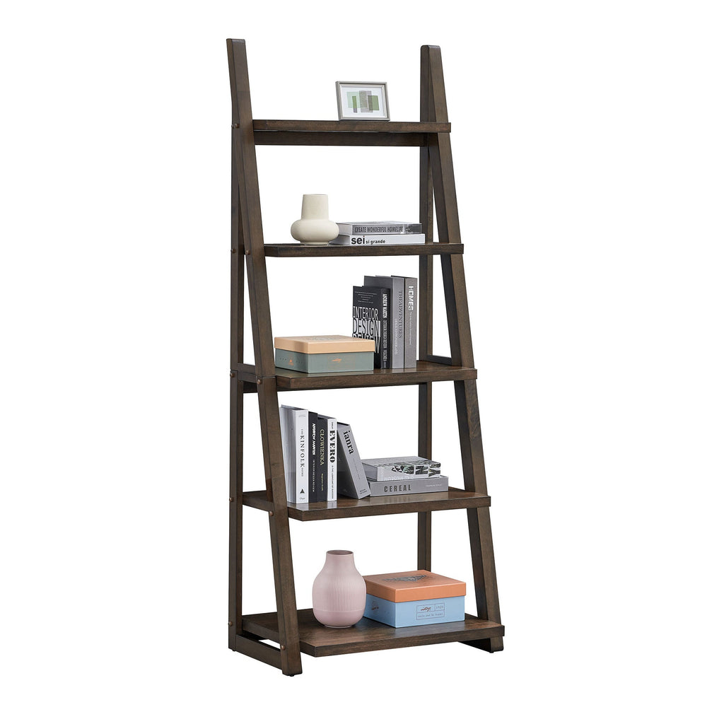 5-Tier Storage Rack Bookshelf with Rubber Wood Frame
