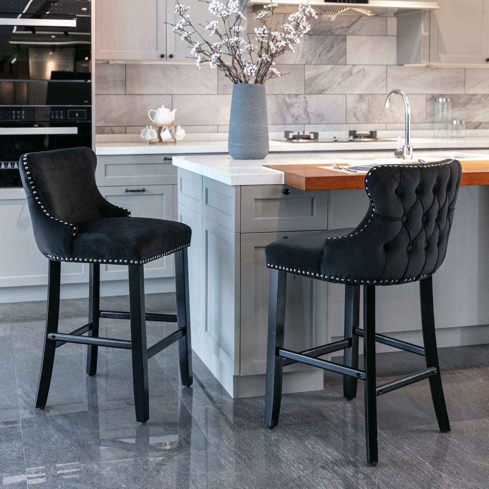 Leisure Style Velvet Upholstered Wing-Back Barstools (Set of 2)