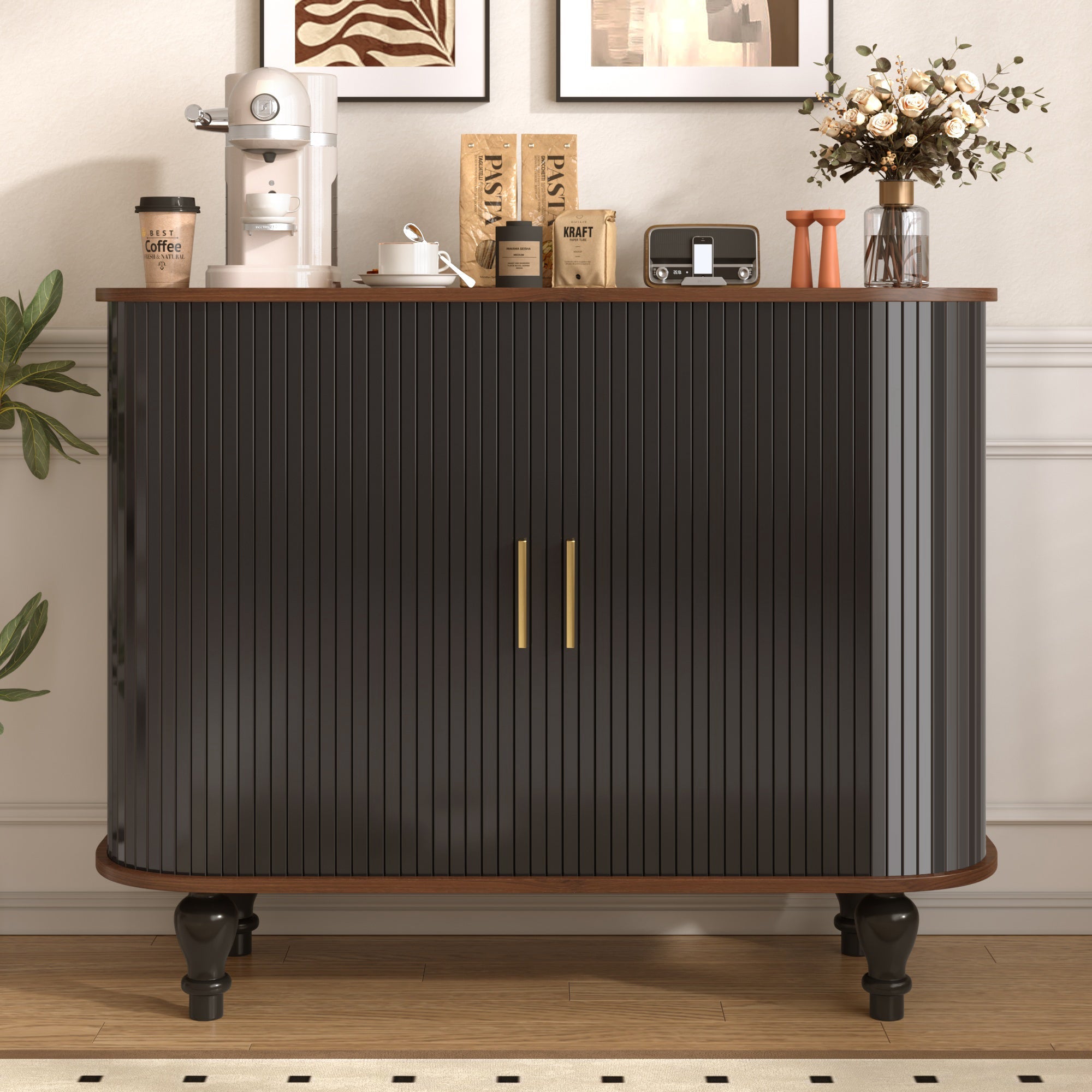 39" Fluted Liquor and Coffee Bar Cabinet with Wine Racks Glass Holders Storage
