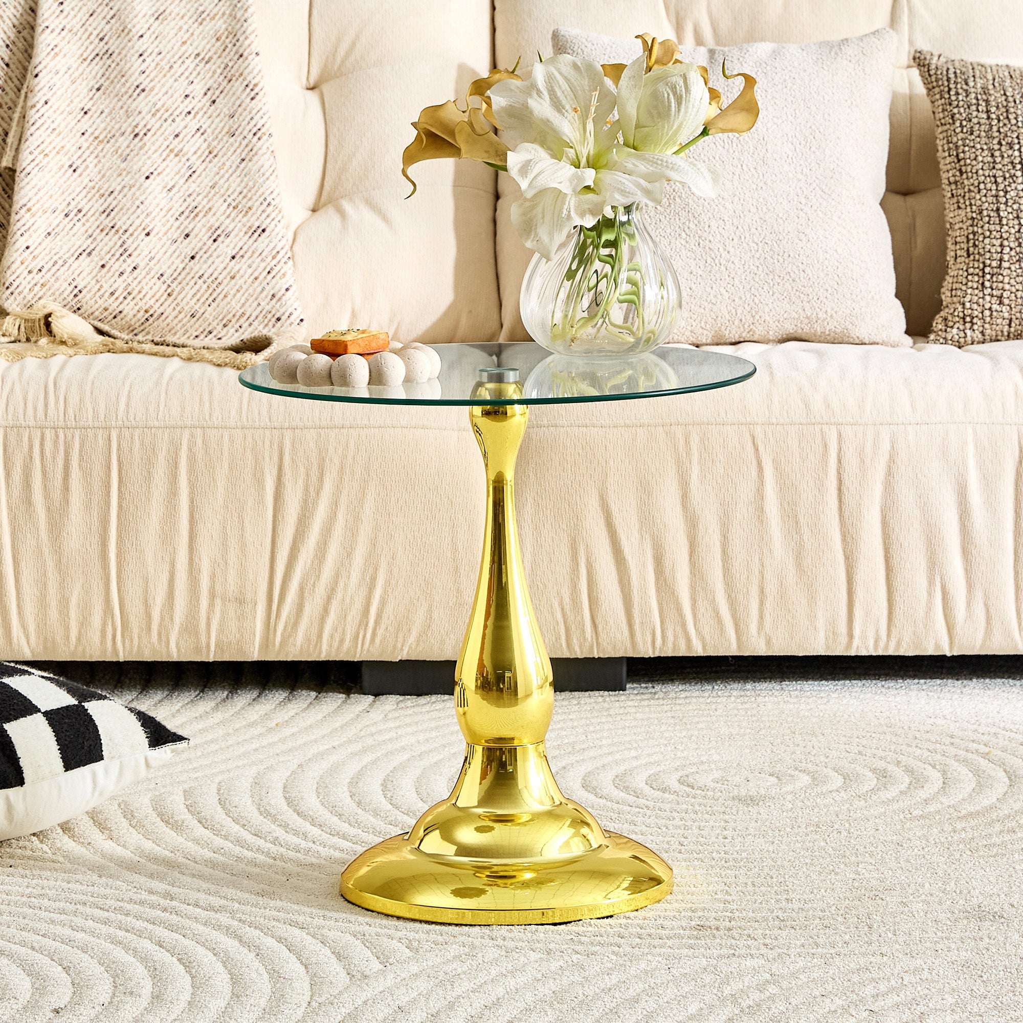 20" Small Luxury Metal Round Side Table with a Glass Top