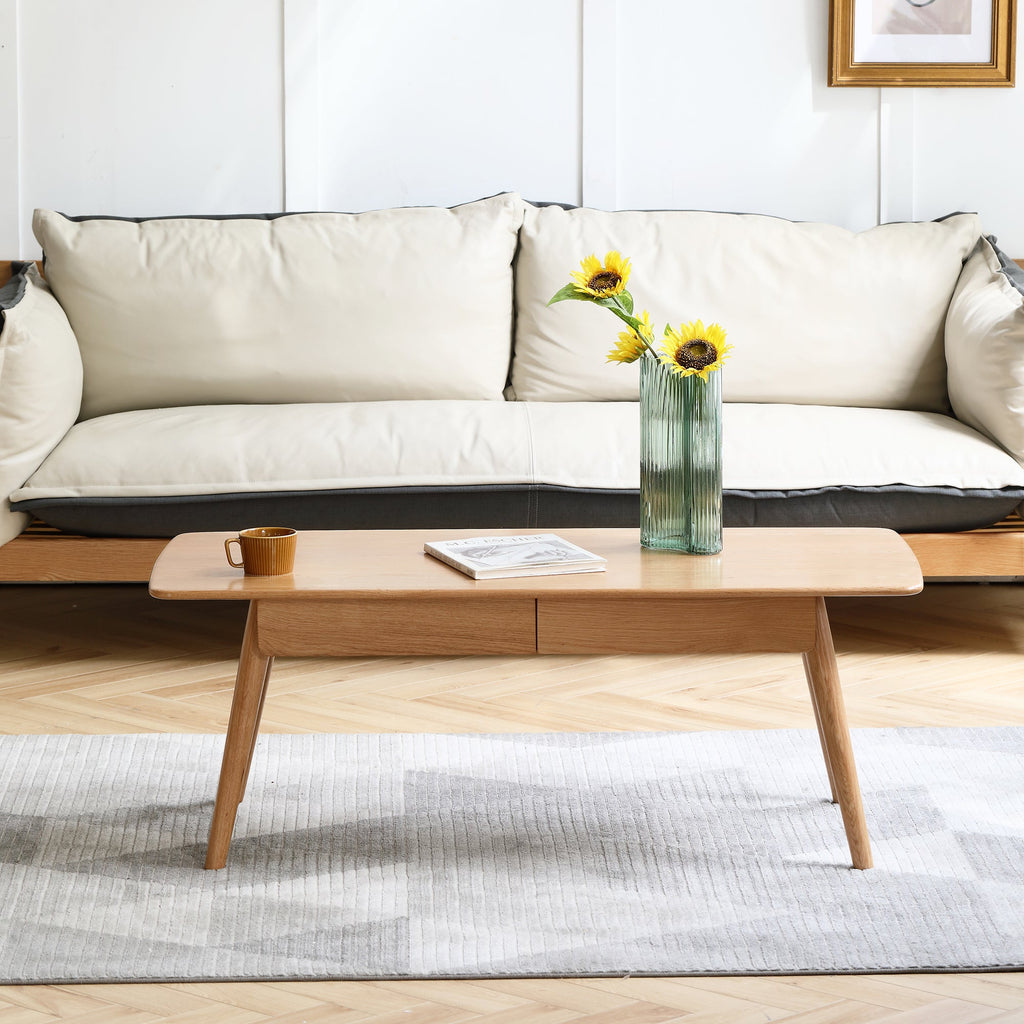 Low Table 100% Solid Wood 2-Drawer Natural Oak Coffee Table