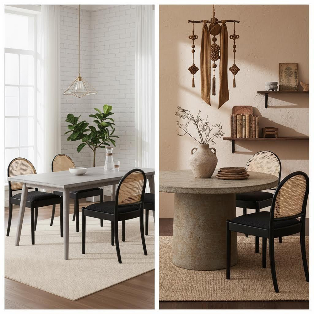 Set of 2 Rattan Dining Chairs Upholstered Linen Modern Wood-Leg Kitchen Chairs