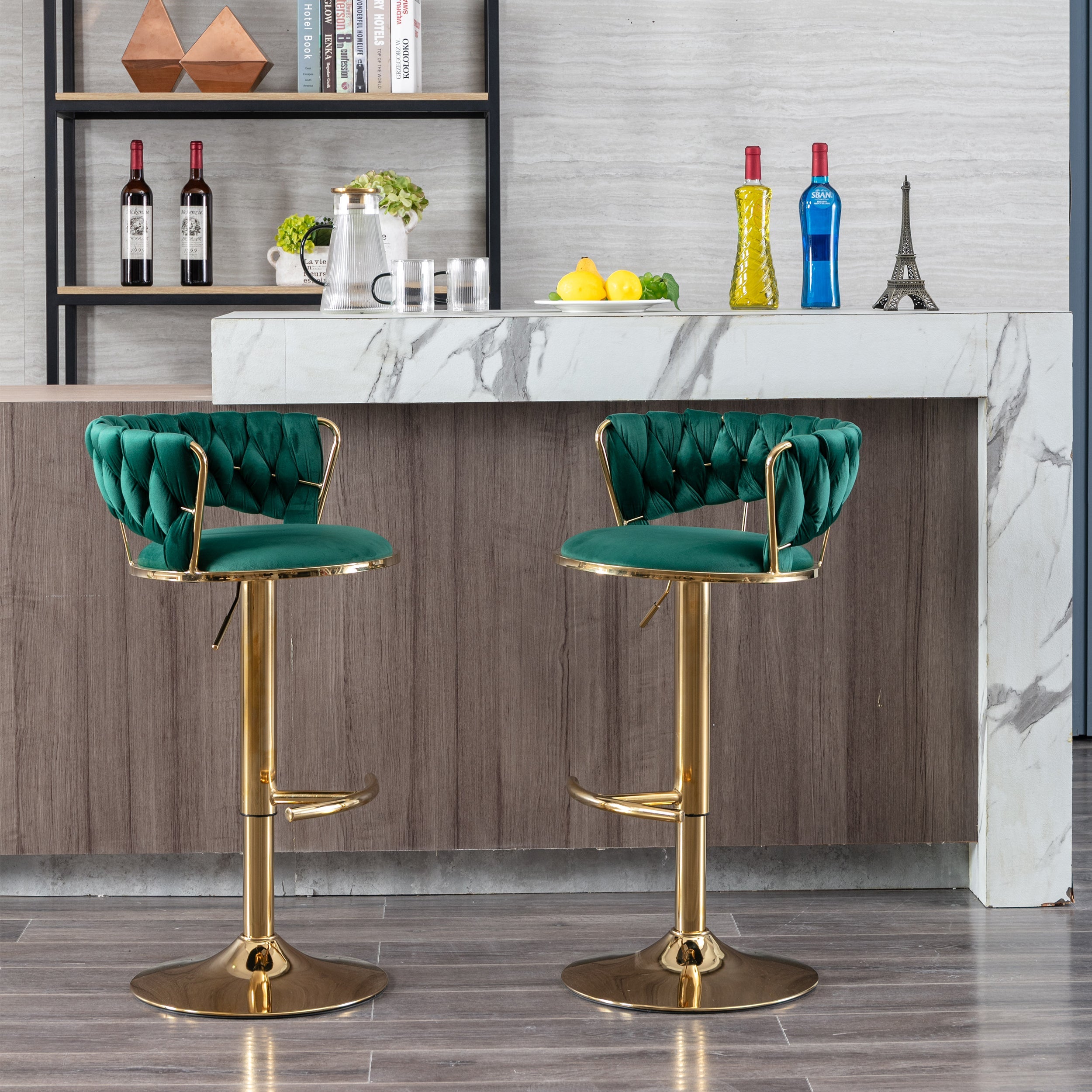 Swivel Height Adjustable Velvet Bar Stools with Golden Leg (Set of 2 )