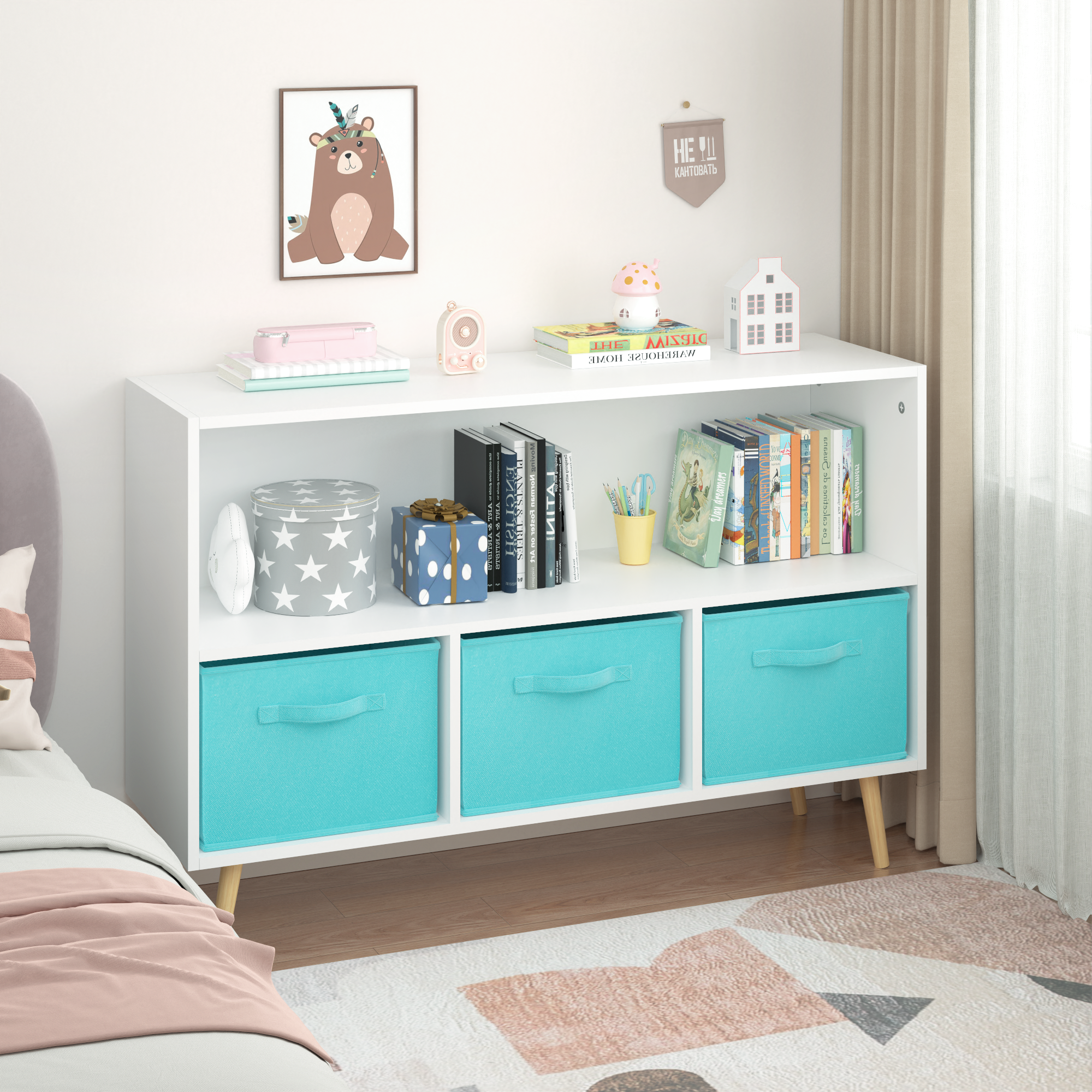 Children's Book Display Kids Bookcase with 3 Fabric Bins