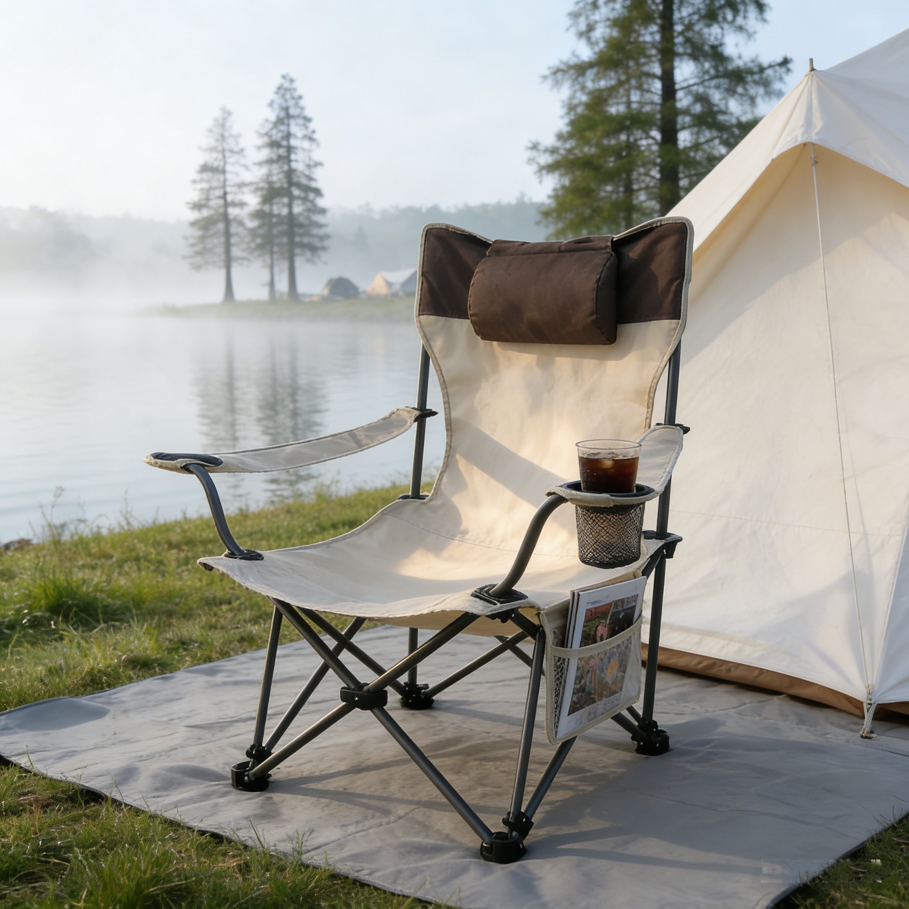 Outdoor Camping Chair Folding Reclining with Side Pockets and Cup Holder