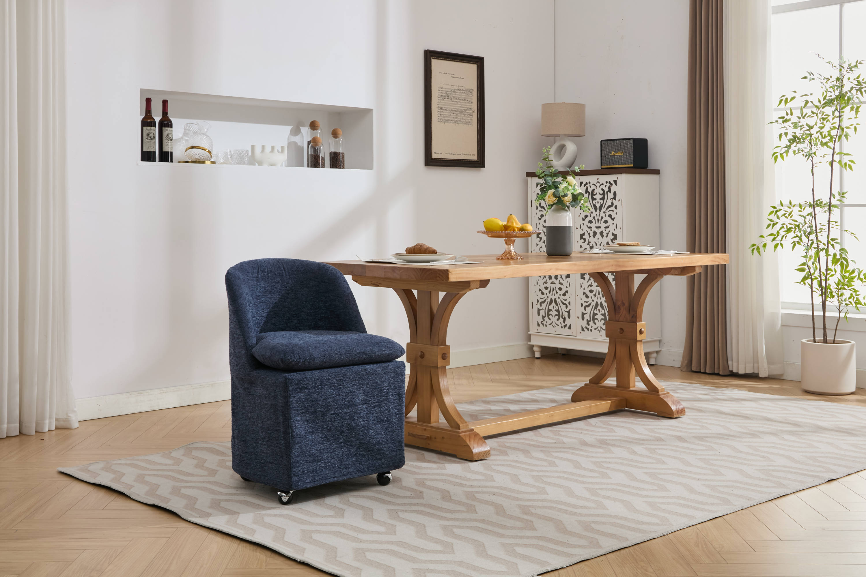 Chenille Fabric Dining Chairs with Universal Wheels