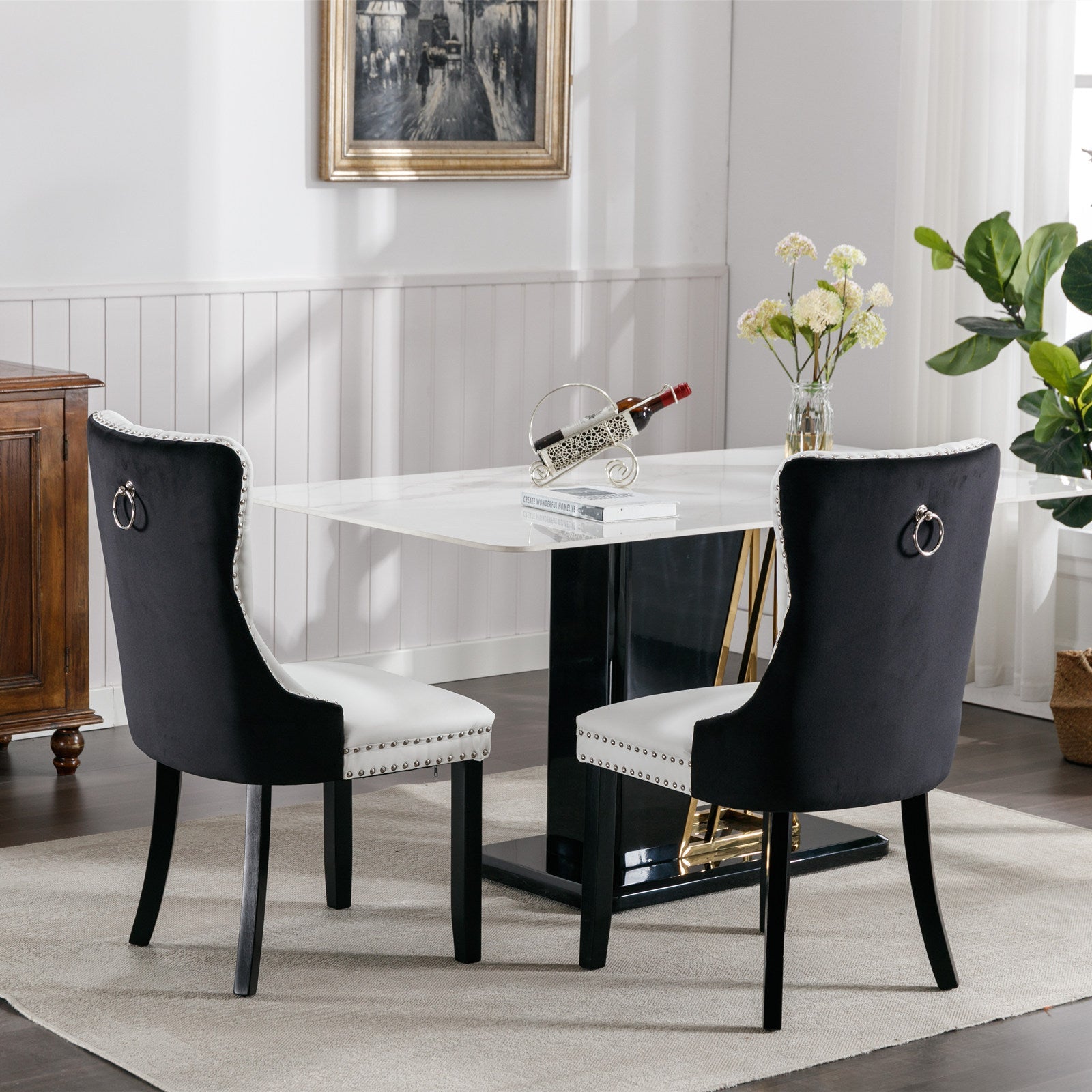 Tufted Solid Wood PU Upholstered Dining Chair with Wood Legs (Set of 2)