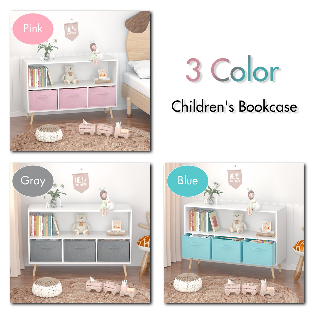 Children's Book Display Kids Bookcase with 3 Fabric Bins