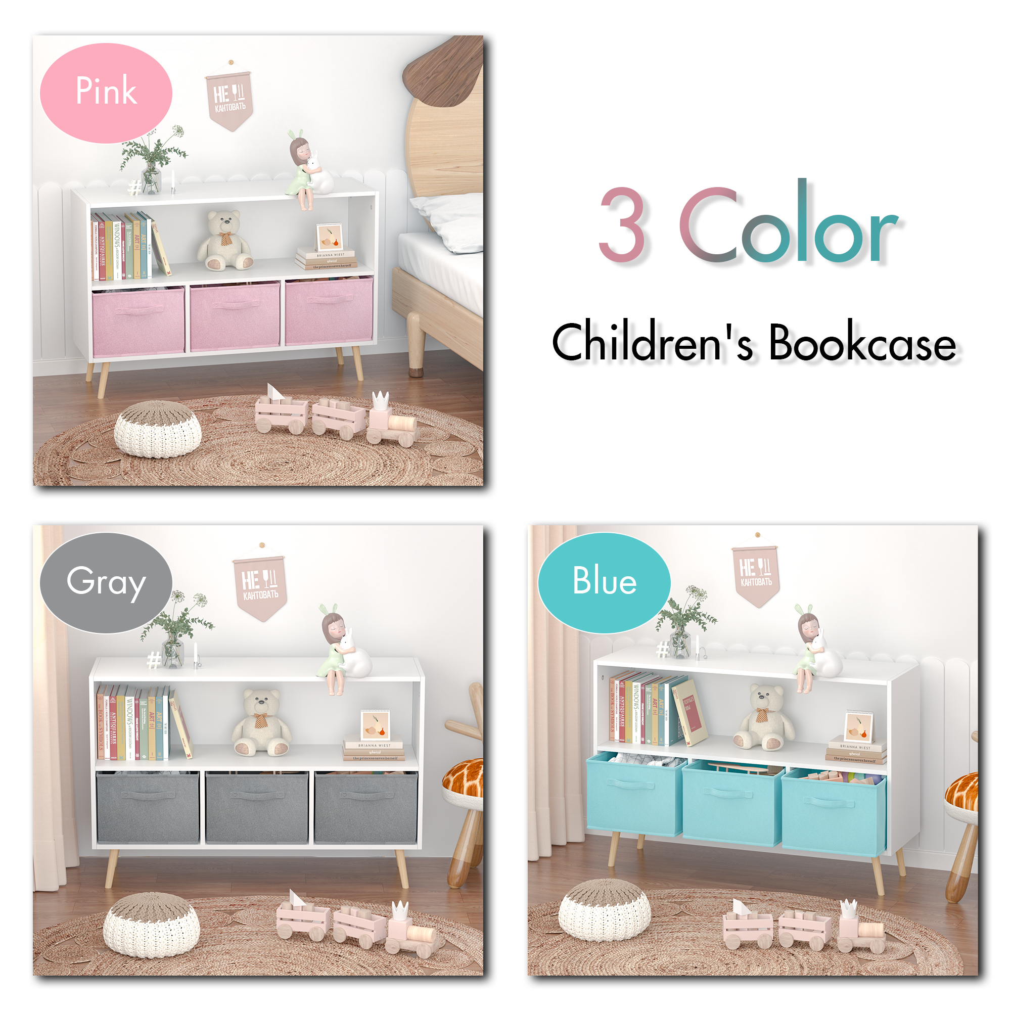 Children's Book Display Kids Bookcase with 3 Fabric Bins