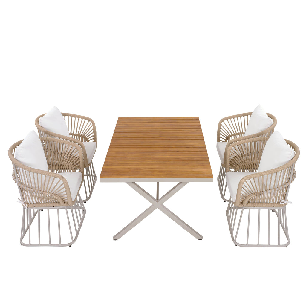 Outdoor Dining Set Teak Table 4 Wicker Chairs Cushions Steel Frame Set