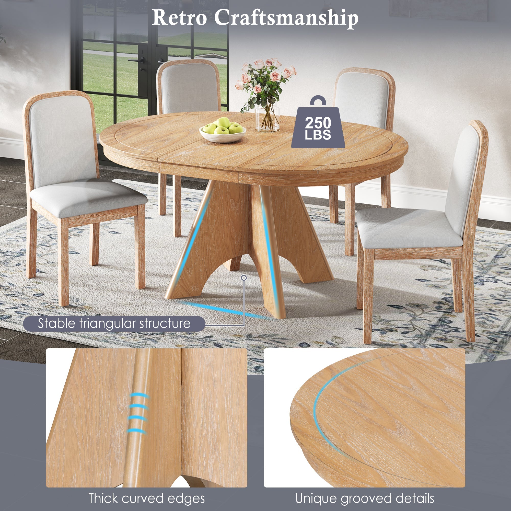 Vintage Extendable Dining Table Set with 4 Upholstered Chairs