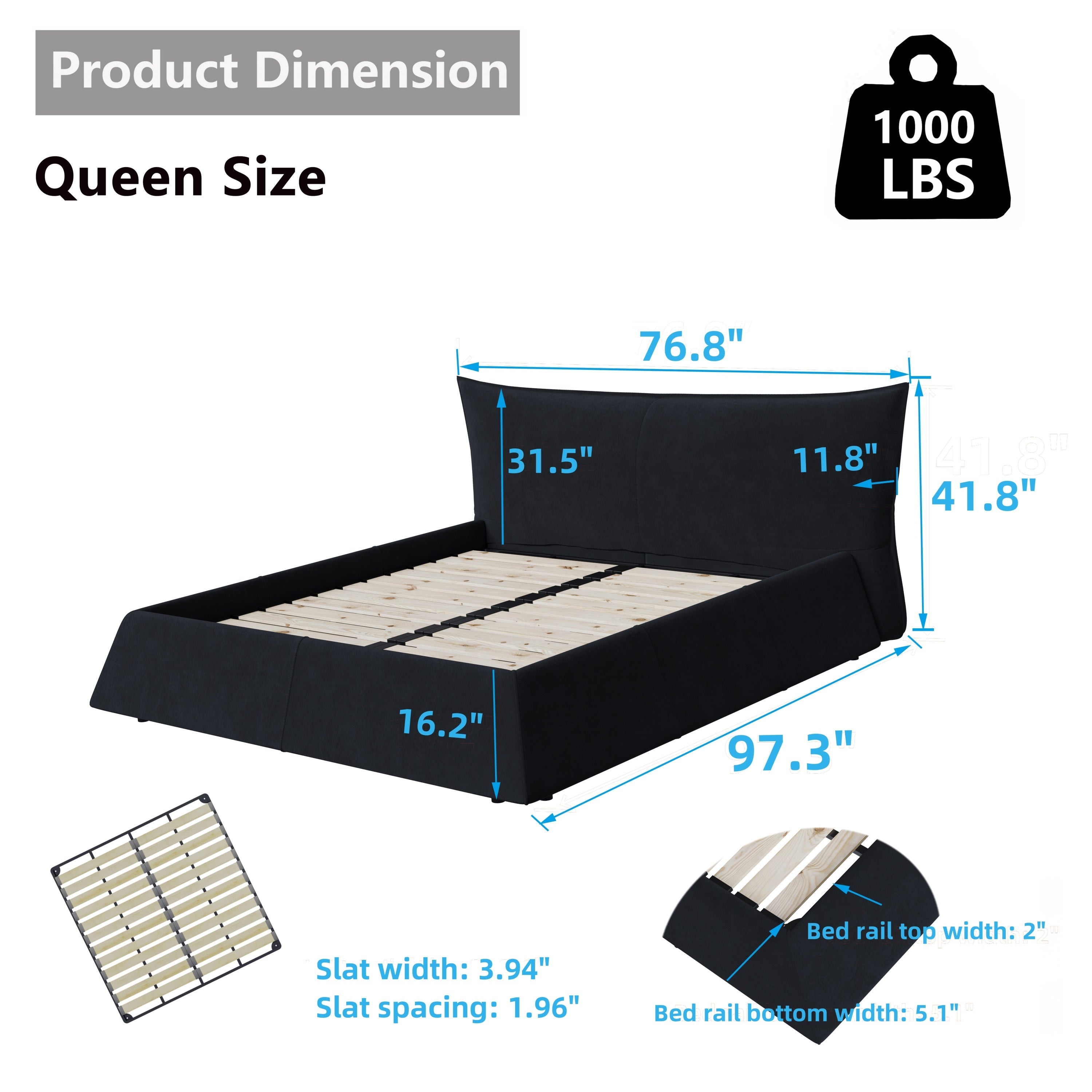 Queen Size Upholstered Platform Bed with Velvet Headboard