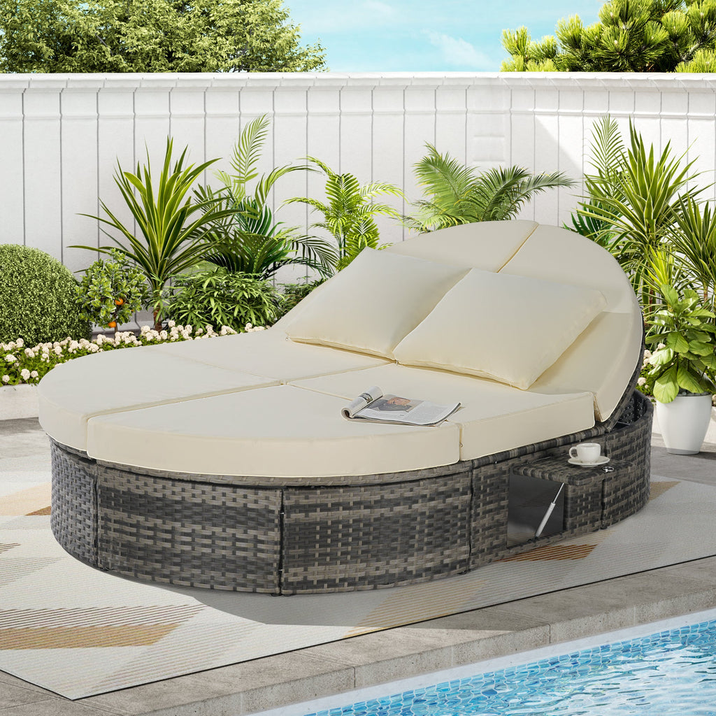 Round outdoor patio daybed with adjustable backrests foldable cup trays and cushioned wicker design ideal for backyard and poolside lounging